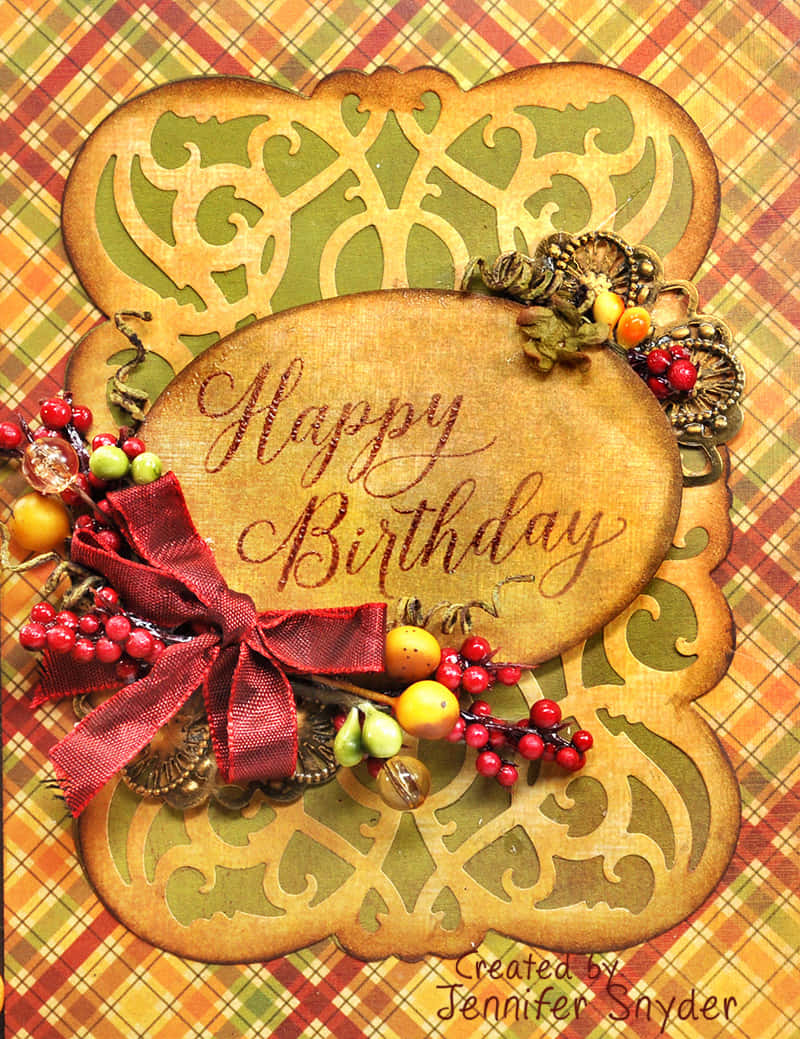 Fall Birthday 桌布 壁紙 — 復古風格生日卡，飾有華麗鏤空框架、紅色蝴蝶結、漿果，以及格子背景上的手寫文字。