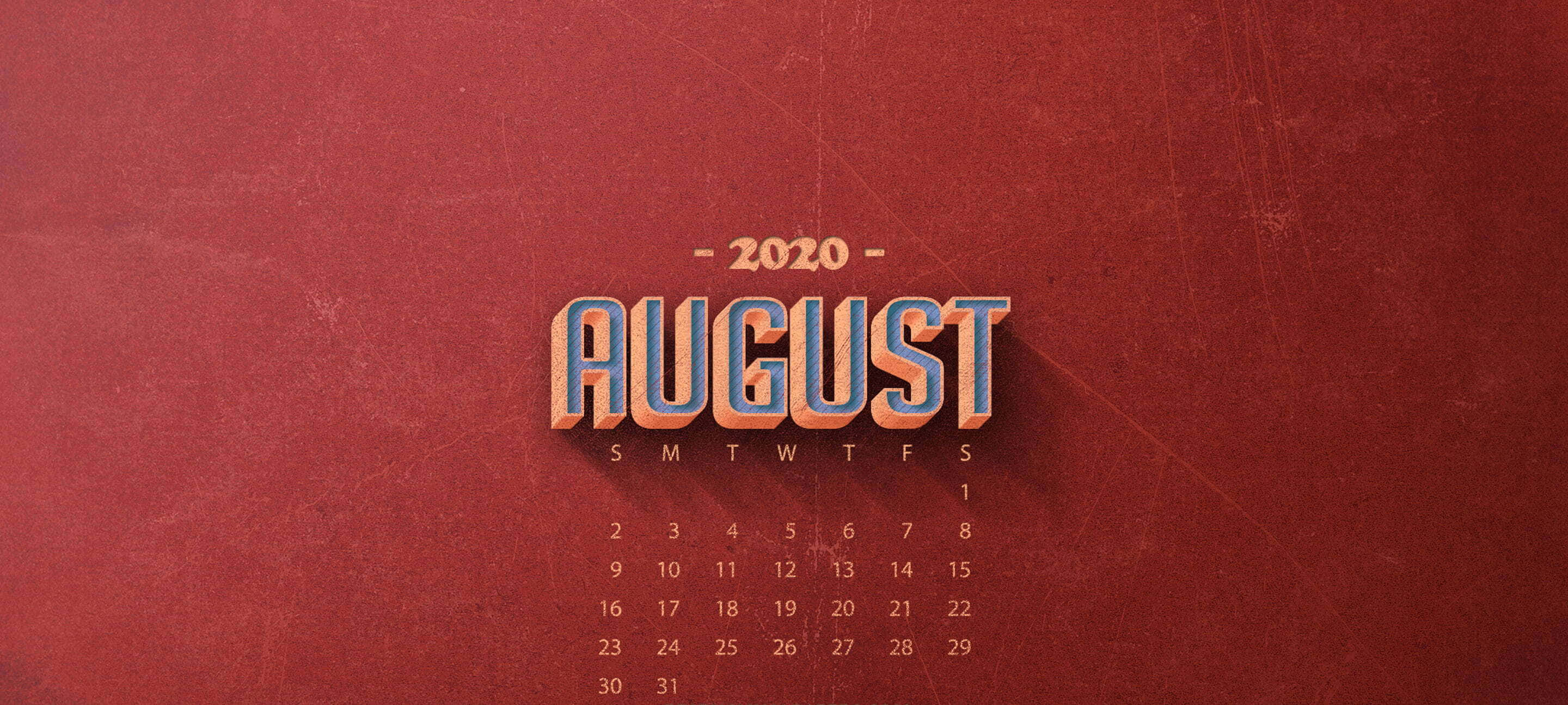 August 桌布 壁紙 — 復古風格的2020年8月日曆，在帶有紋理的深紅色背景上使用粗體3D字體。
