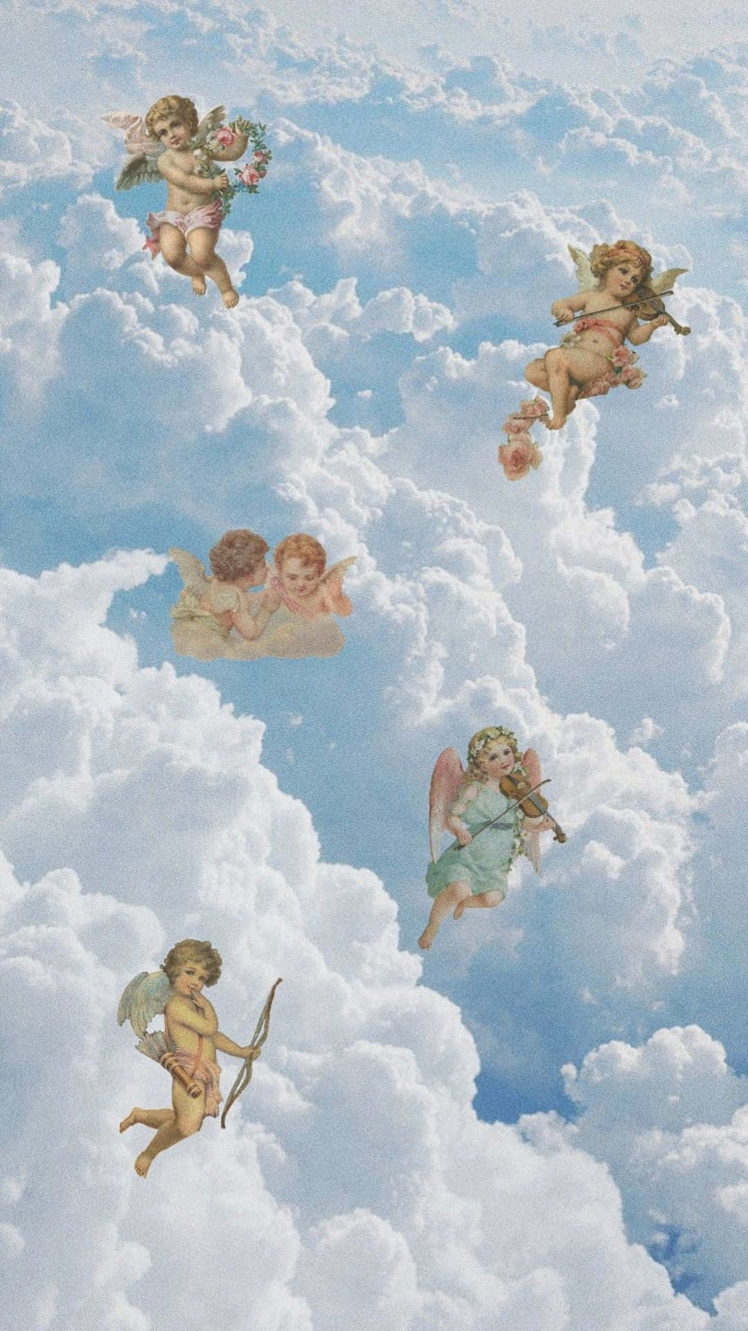 天使 桌布 壁紙 — 復古風格的天使帶翅膀在柔和的藍天中，在蓬鬆的白雲間嬉戲漂浮。