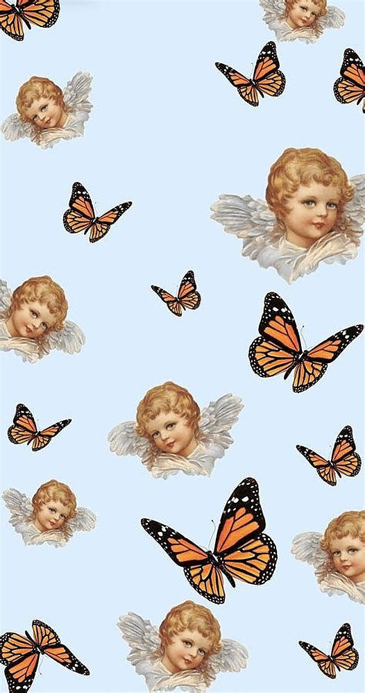 Butterflies 桌布 壁紙 — 復古風格的小天使，白色翅膀和帝王斑蝶，漂浮在柔和的藍色背景上。