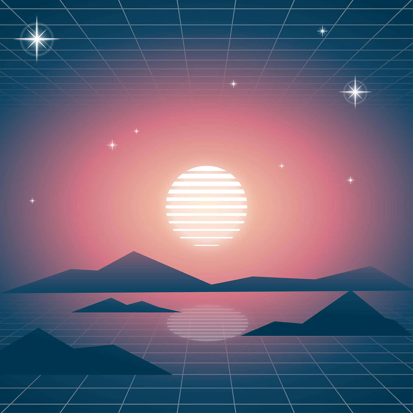 復古風格的山巒與太陽風景 壁紙