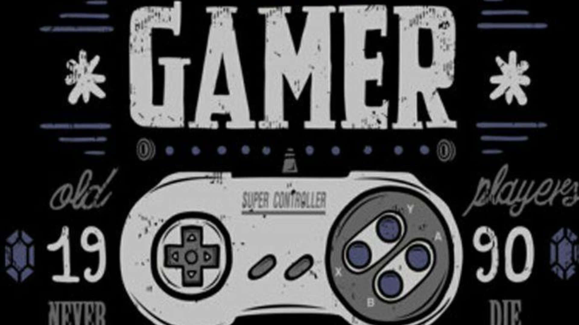 HD Gaming 桌布 壁紙 — 復古風格的遊戲手把圖形，帶有粗體文字和復古遊戲統計數據，背景為深色。
