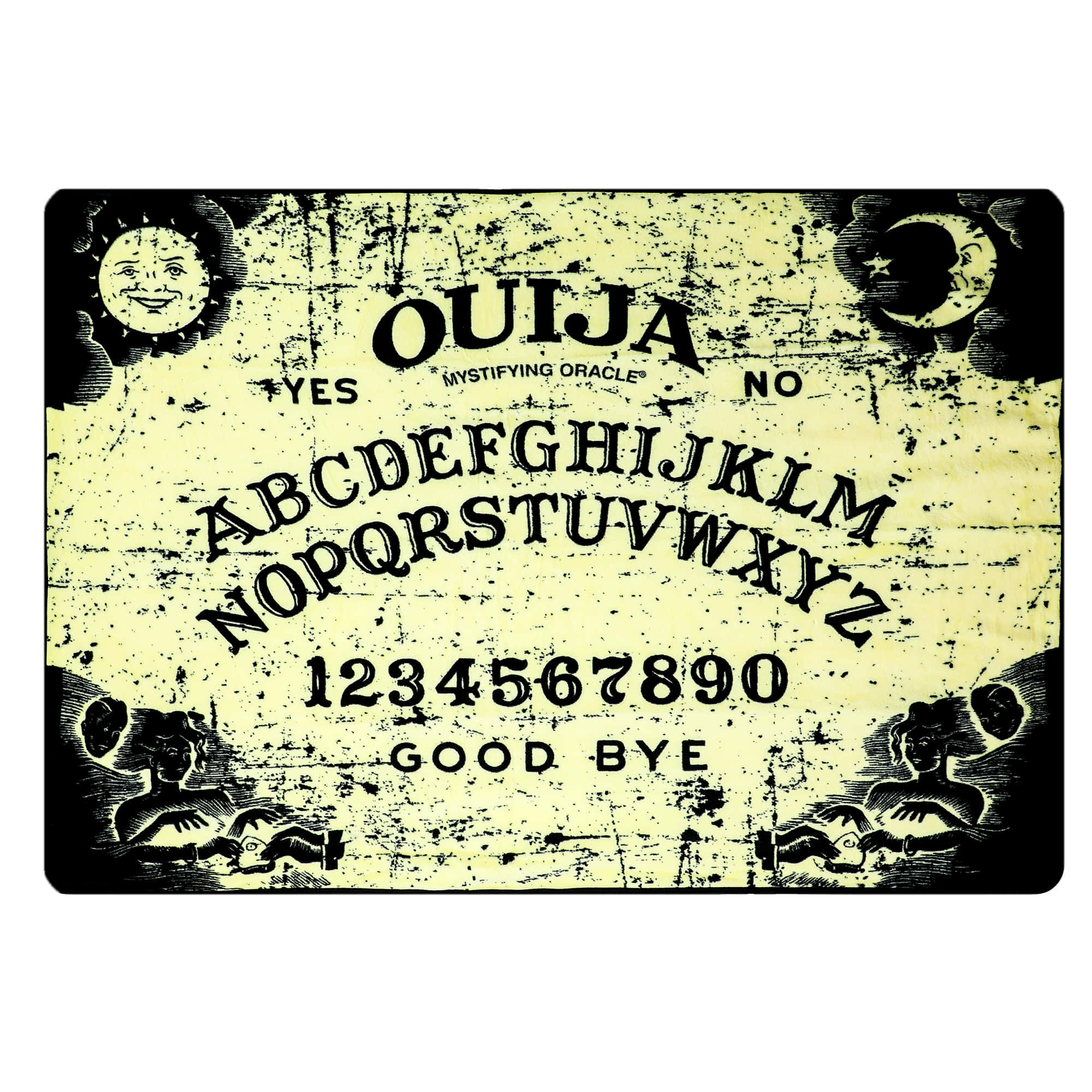 Ouija Boards 桌布 壁紙 — 復古風格的靈應板，帶有磨損的黃色表面和黑色字體，展示太陽、月亮、靈魂和經典的占卜板佈局。