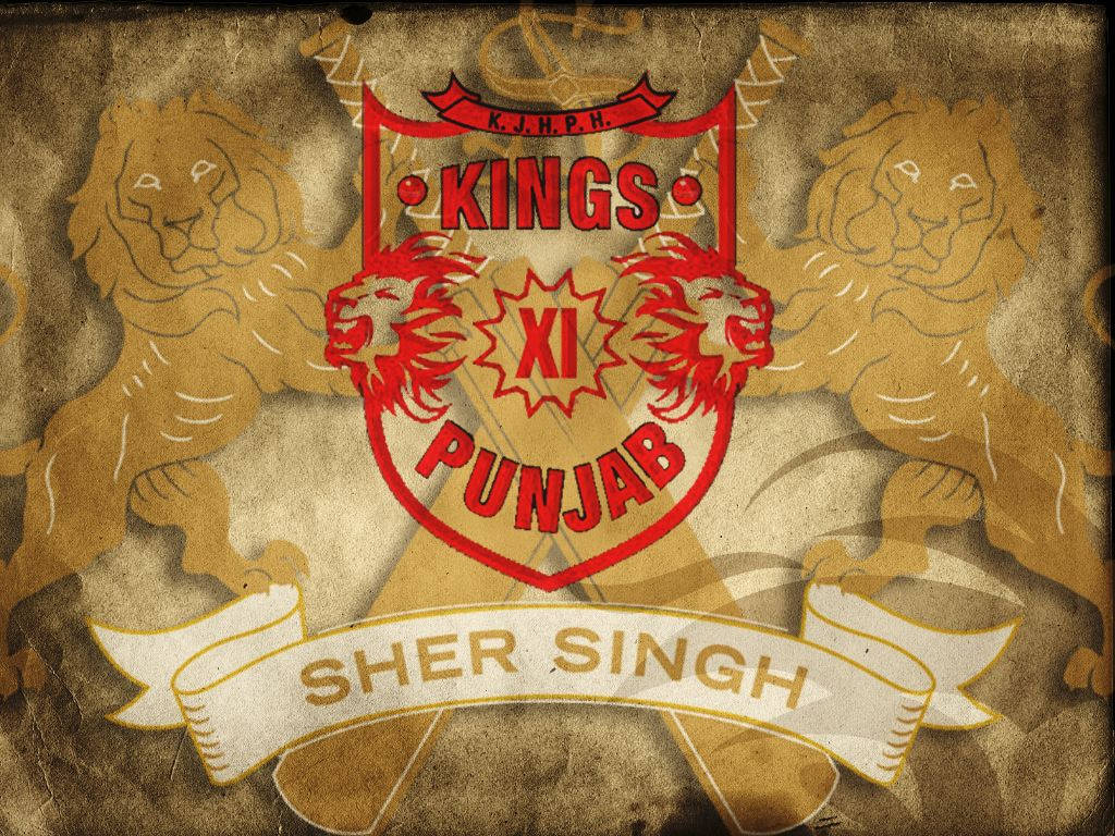 punjab kings 桌布 壁紙 — 復古風格紋章，帶有紅色獅子和文字，背景為陳舊羊皮紙。