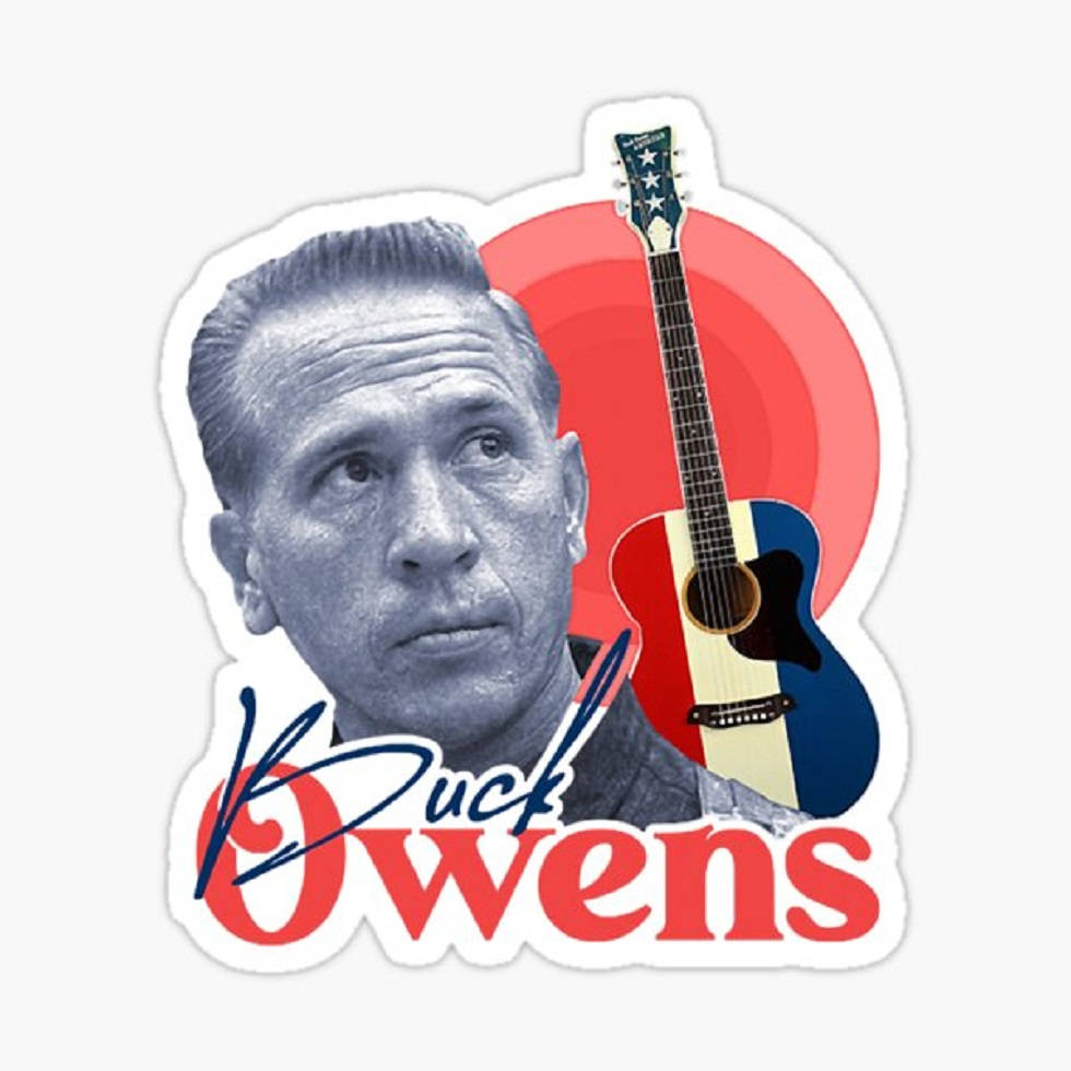 Celebrity 桌布 壁紙 — 復古風格貼紙，以紅色圓形背景襯托Buck Owens的黑白肖像及愛國吉他。