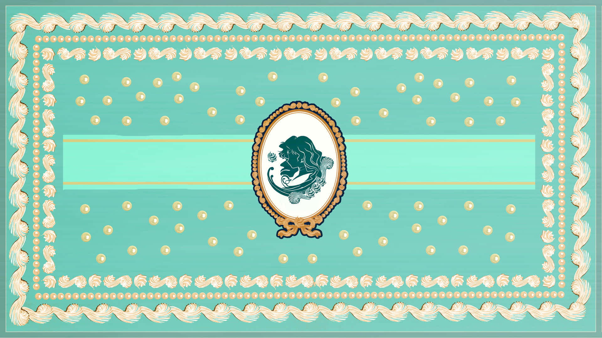sailor neptune 桌布 壁紙 — 復古風格青綠色壁紙，帶有奶油色華麗邊框、金色圓點和中央女性側面浮雕肖像。