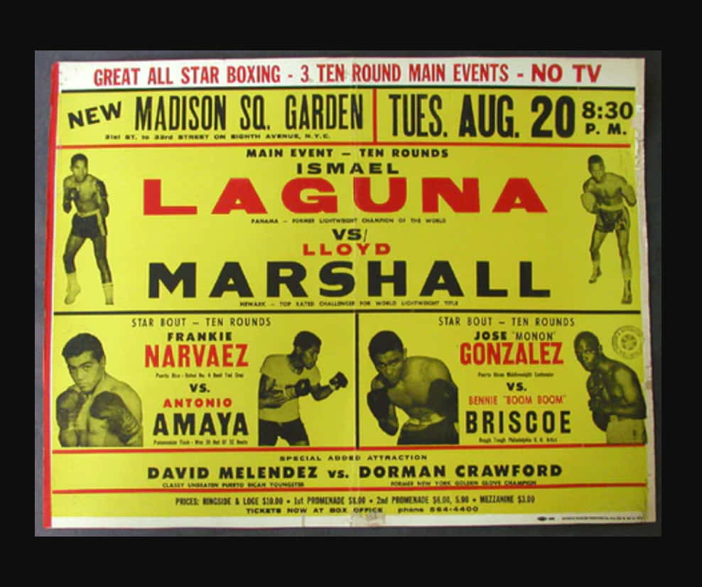 Boxing 桌布 壁紙 — 復古黃色拳擊海報，宣傳1960年代麥迪遜廣場花園的比賽卡，帶有粗體紅色和黑色文字以及拳手照片。