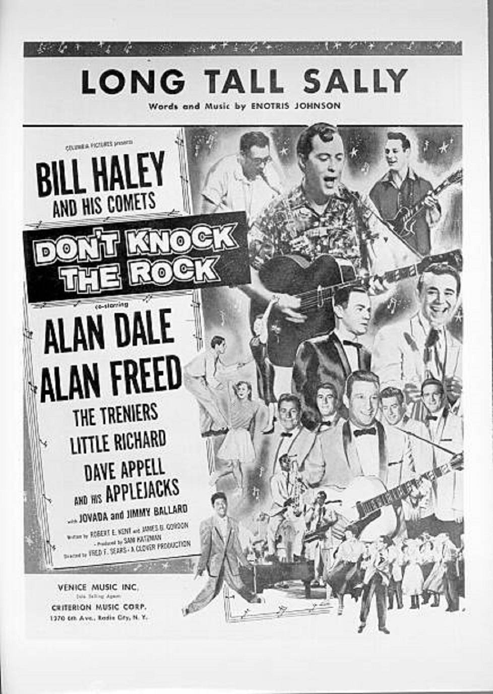 poster 桌布 壁紙 — 復古黑白1950年代搖滾樂電影海報， featuring Bill Haley and his Comets，粗體字體和充滿活力的樂隊插圖。