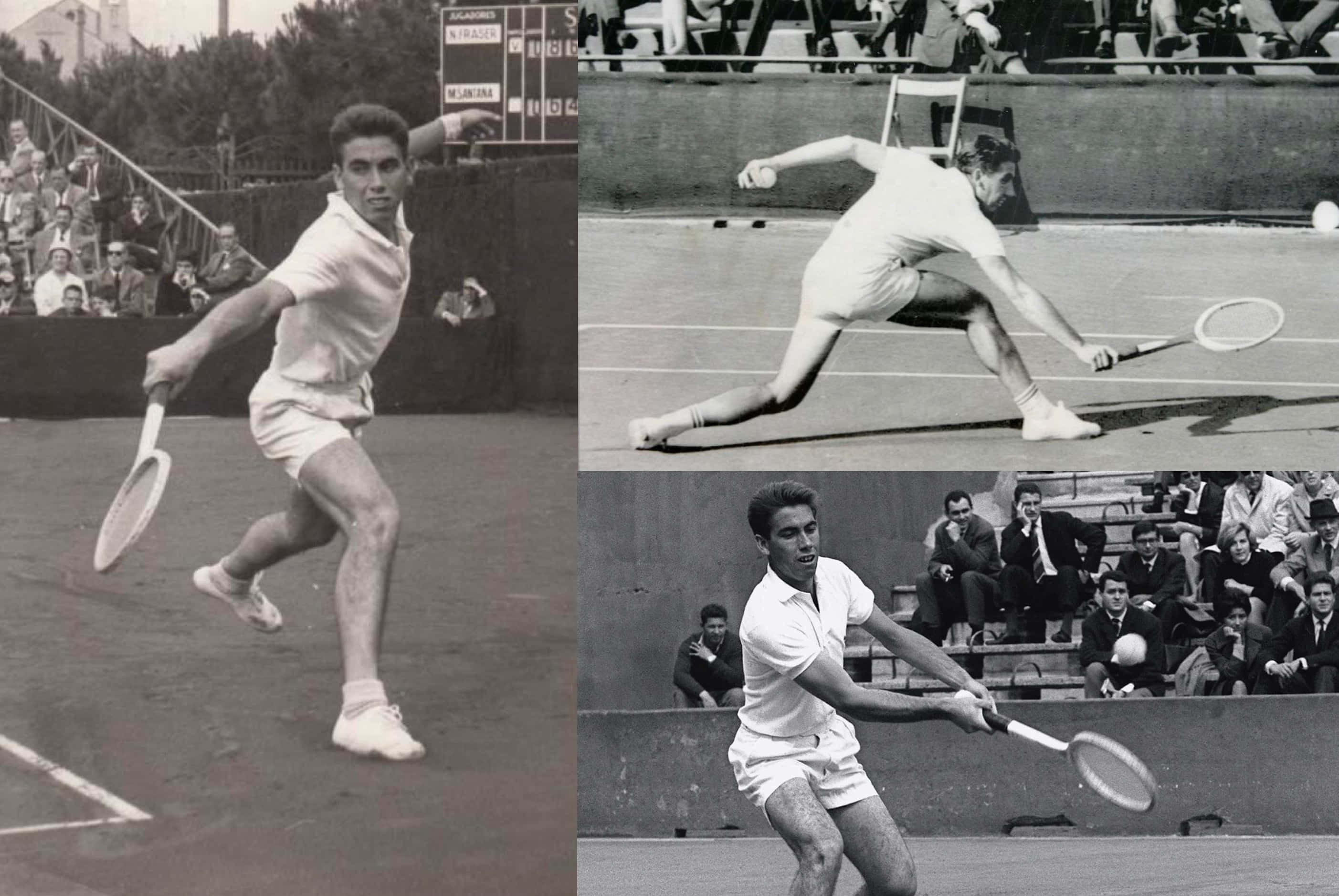 Tennis 桌布 壁紙 — 復古黑白拼貼，展示一名男性網球運動員在紅土球場上比賽，觀眾在旁觀看。