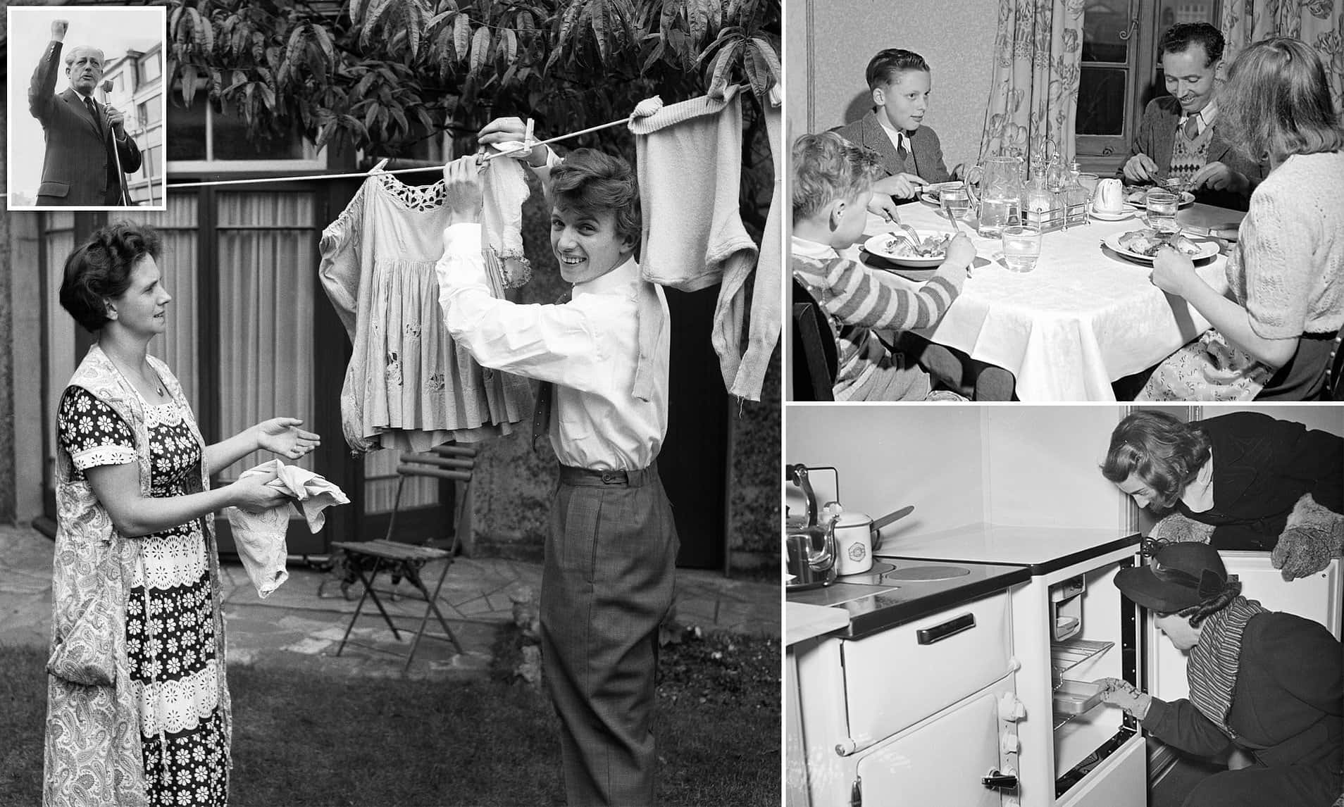 1950s 桌布 壁紙 — 復古黑白拼貼畫展示家庭生活：小孩晾衣服、家庭用餐、人們使用復古烤箱。
