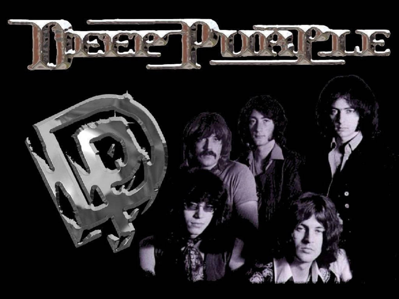 Heavy Metal 桌布 壁紙 — 復古黑白照片，搖滾樂團Deep Purple及其標誌在深色背景上。