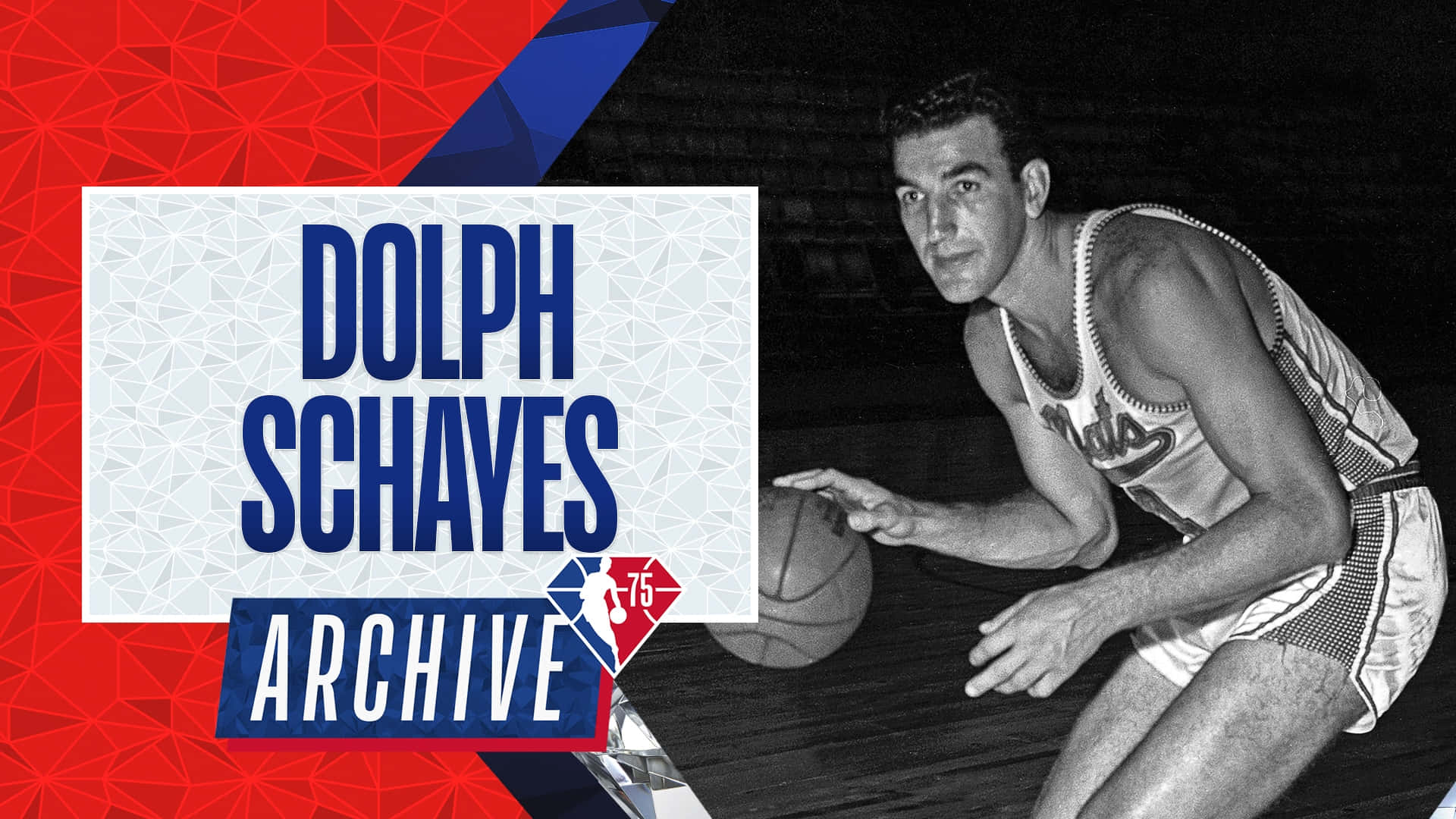 Dolph Schayes在復古NBA檔案照片中持籃球，背景為幾何圖案。 — NBA 壁紙