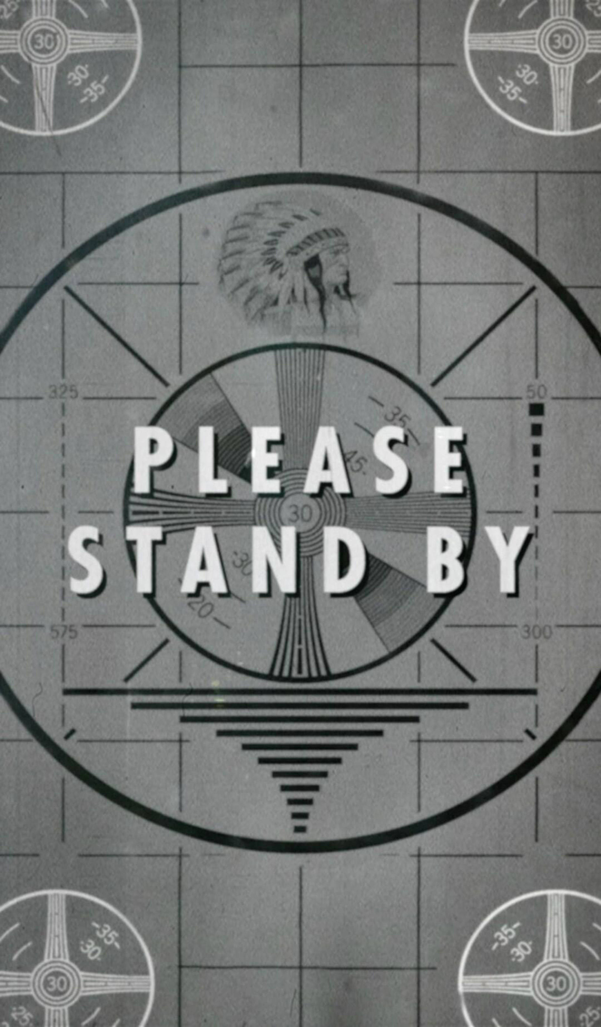 please 桌布 壁紙 — 復古黑白雷達螢幕顯示「PLEASE STAND BY」，帶有美洲原住民頭飾圖示和方向標記。