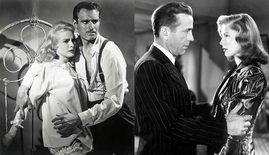 Film Noir 桌布 壁紙 — 復古黑白電影劇照展現情侶在親密室內場景中的戲劇性浪漫張力。
