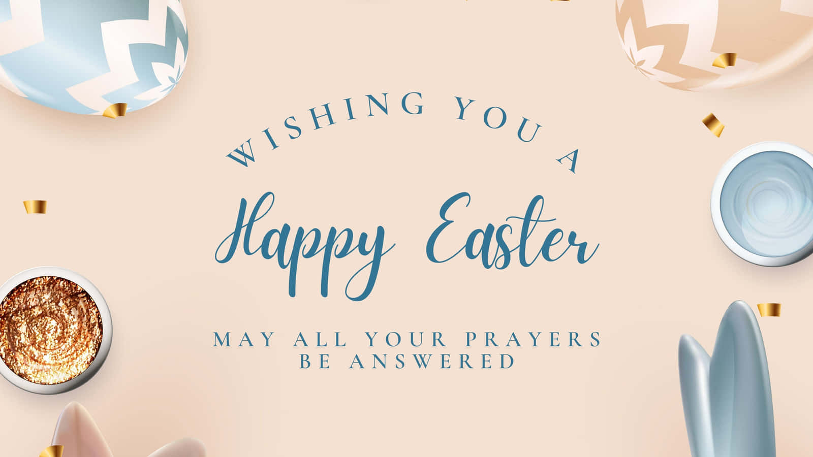 Easter Zoom 桌布 壁紙 — 復活節賀卡，柔和米色背景上有粉彩蛋、金色紙屑和兔耳。