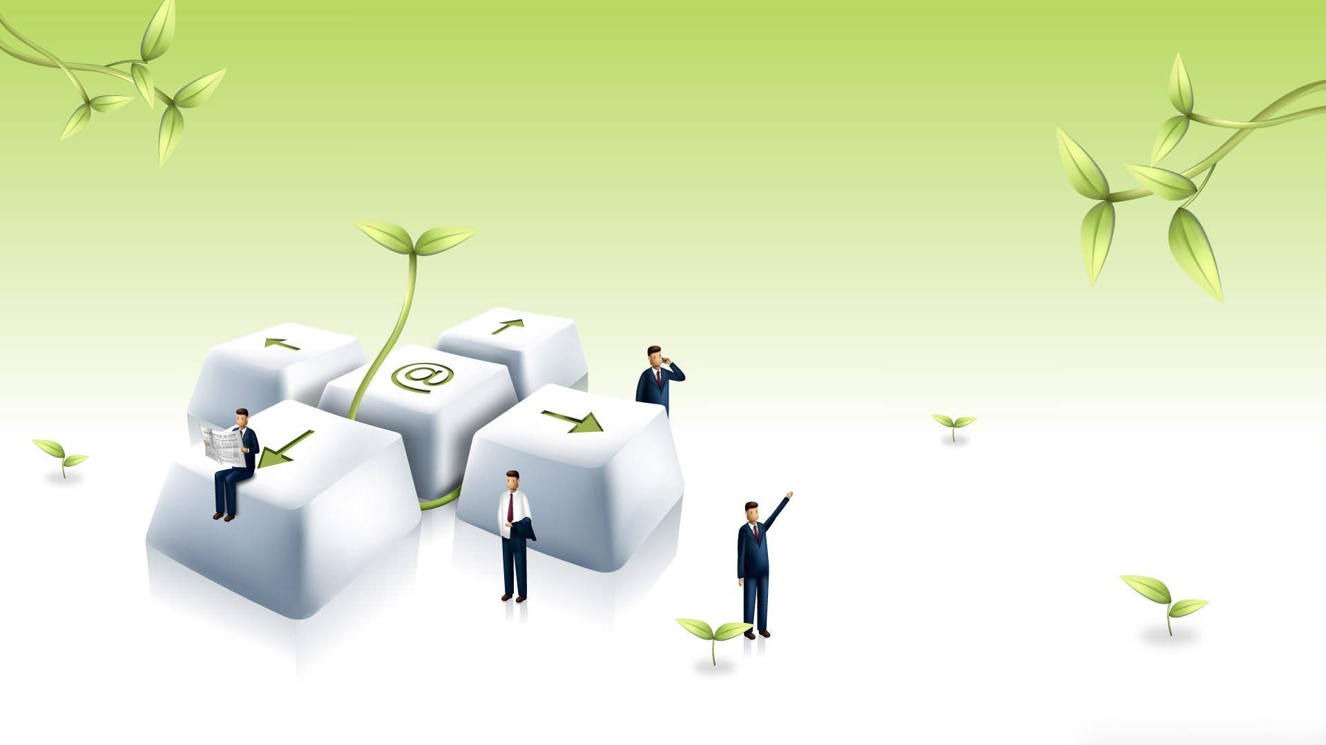 Teamwork 桌布 壁紙 — 微型商務人士站在和坐在巨大的鍵盤按鍵上，綠色嫩芽從按鍵中長出，背景是柔和的漸變色。