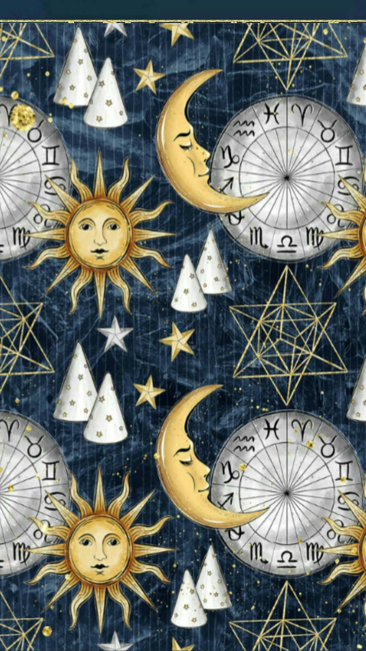 Sun And Moon Aesthetic 桌布 壁紙 — 微笑太陽、月亮、星座輪和星星在深藍色紋理背景上的天體圖案。