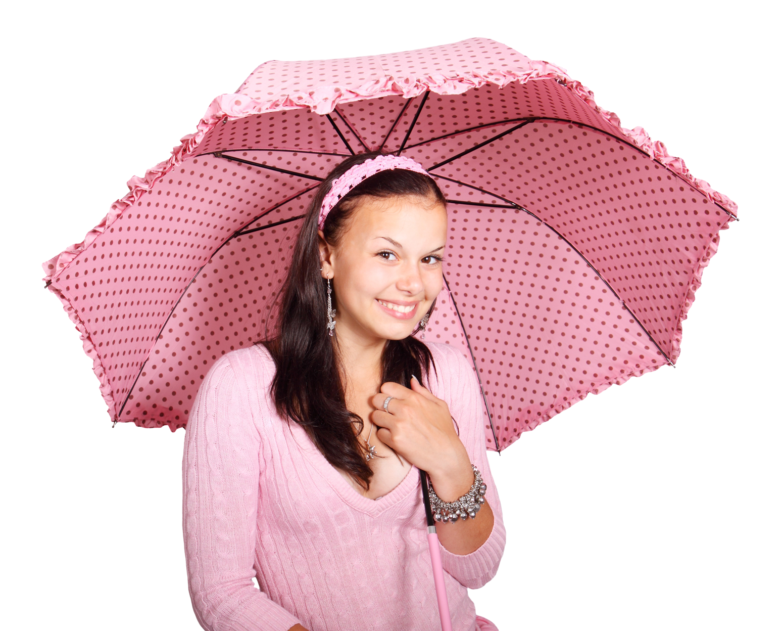微笑女孩與粉色雨傘 壁紙