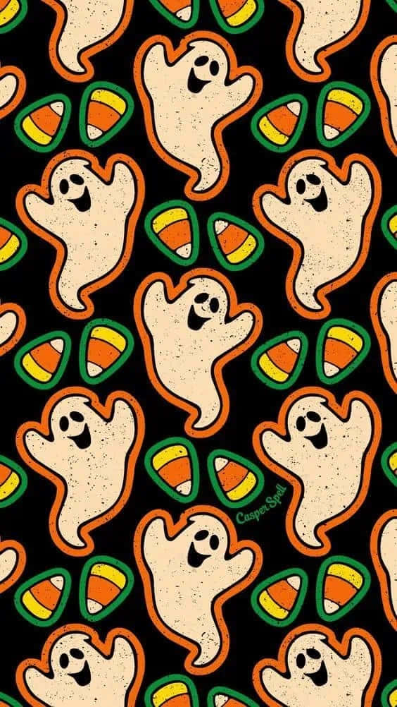 iPhone Cute Halloween 桌布 壁紙 — 微笑幽靈和糖果玉米的重複圖案，帶有斑點的黑色背景。
