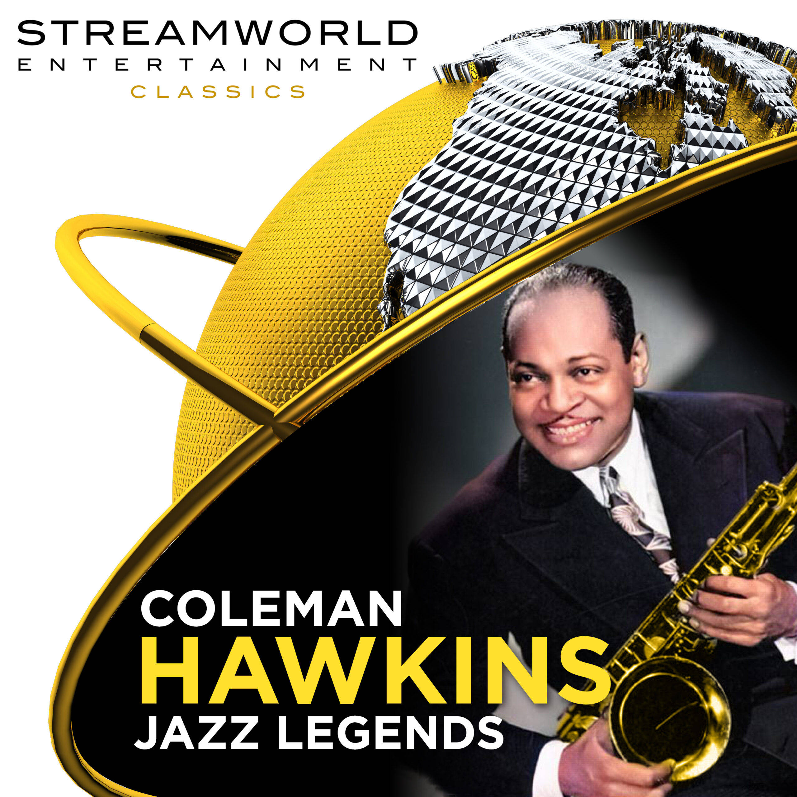 band 桌布 壁紙 — 微笑的Coleman Hawkins身穿西裝，手持金色薩克斯風，背景為風格化的地球儀，帶有幾何形狀的大陸和粗體黃色文字。