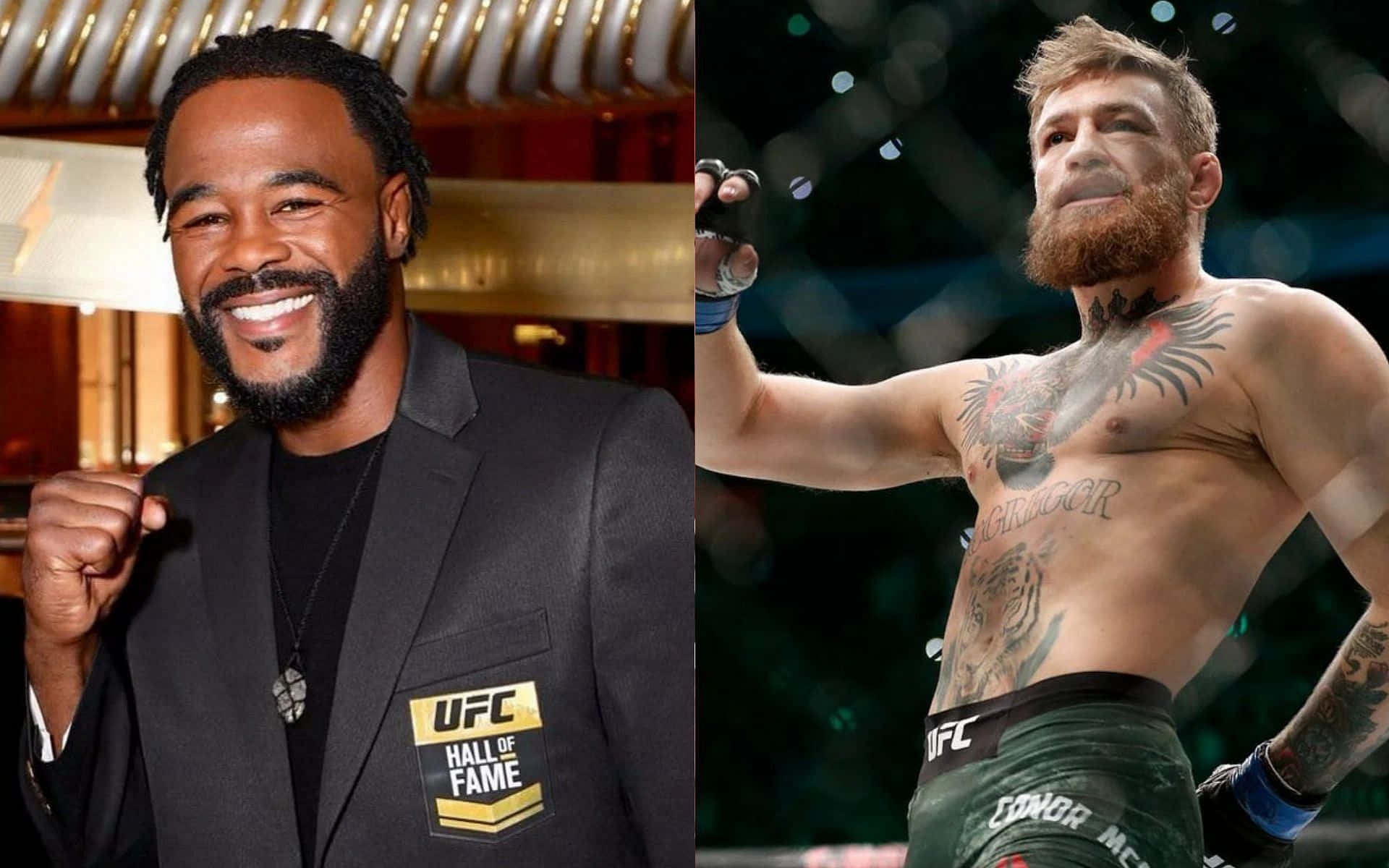UFC 桌布 壁紙 — 微笑的UFC名人堂成員Jon Jones穿著西裝和Conor McGregor穿著戰鬥裝備在八角籠中慶祝的分割圖像。