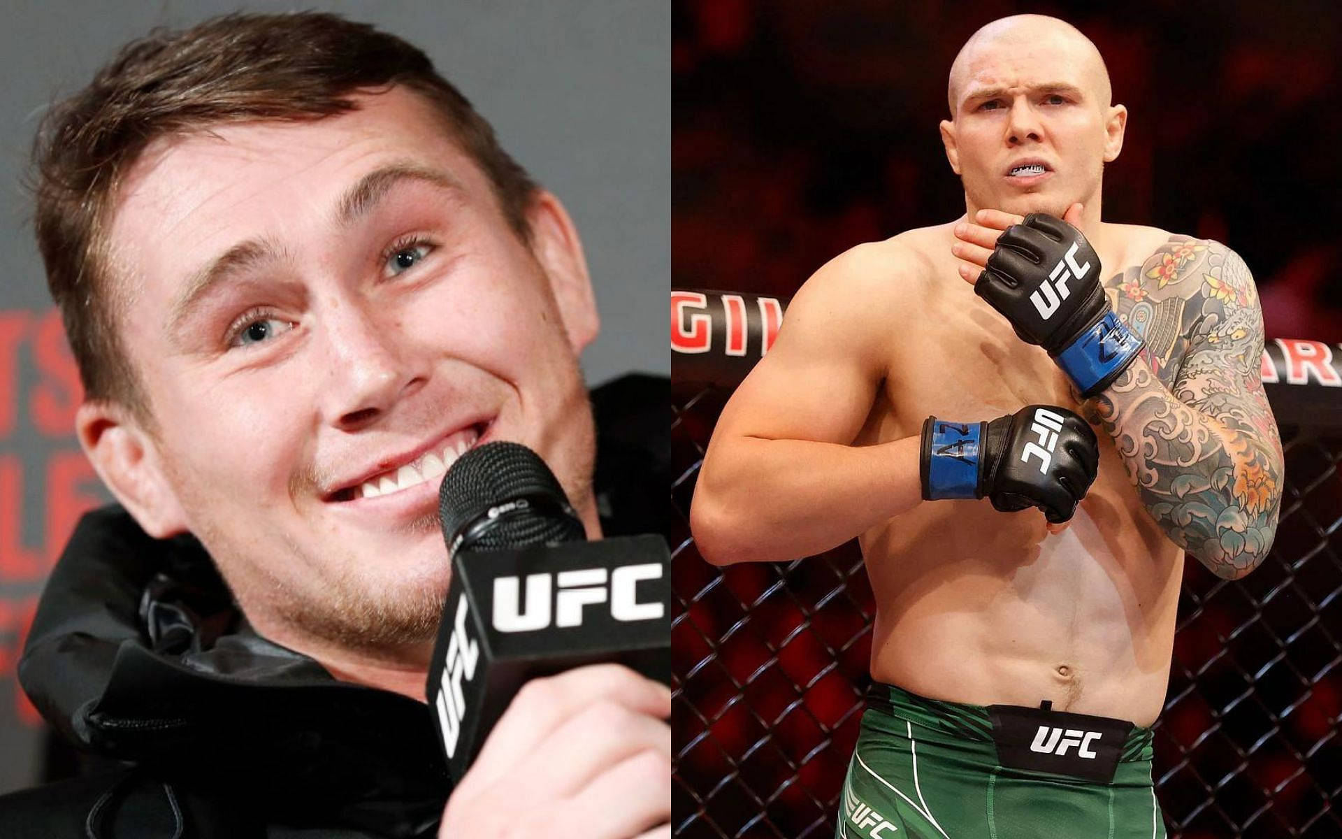 MMA 桌布 壁紙 — 微笑的UFC拳手在新聞發布會和另一位在八角籠內有刺青手臂的拳手的分割圖像。