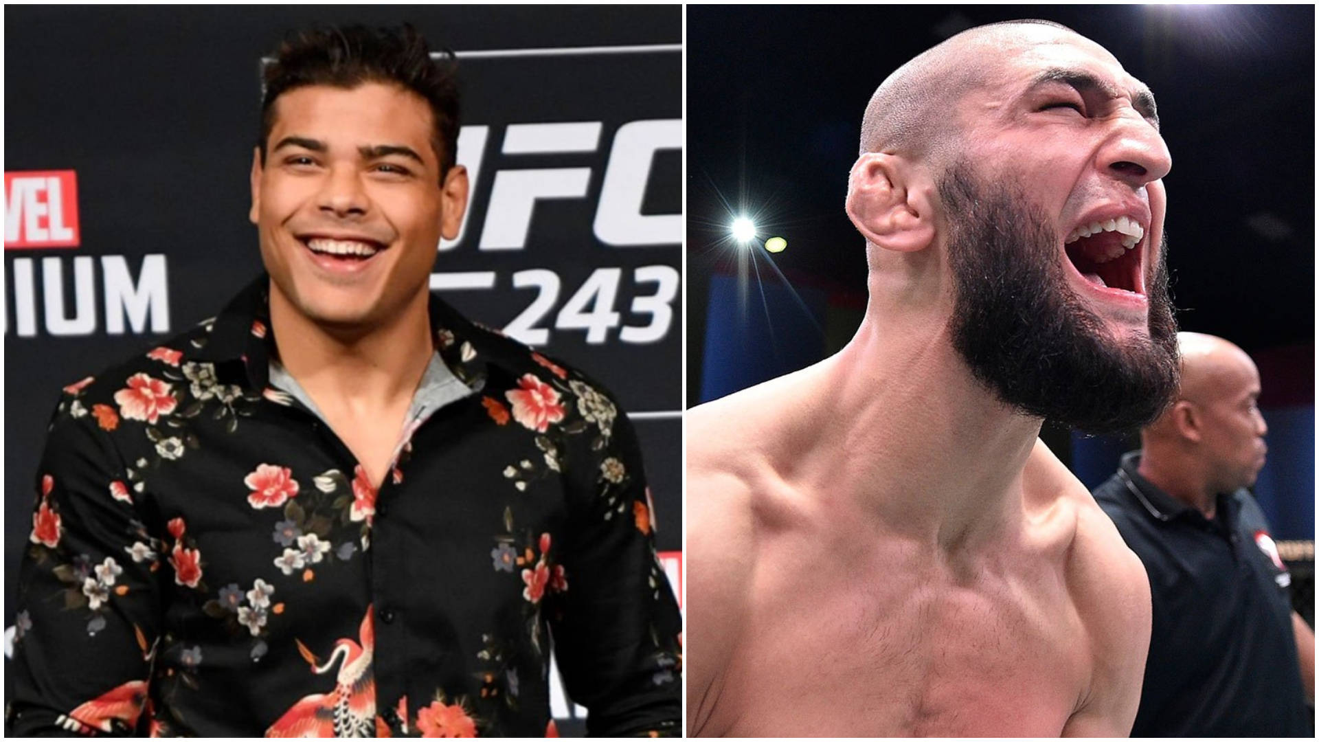 UFC 桌布 壁紙 — 微笑的UFC拳手身穿花卉襯衫與鬍鬚拳手在八角籠中咆哮的分割圖像。