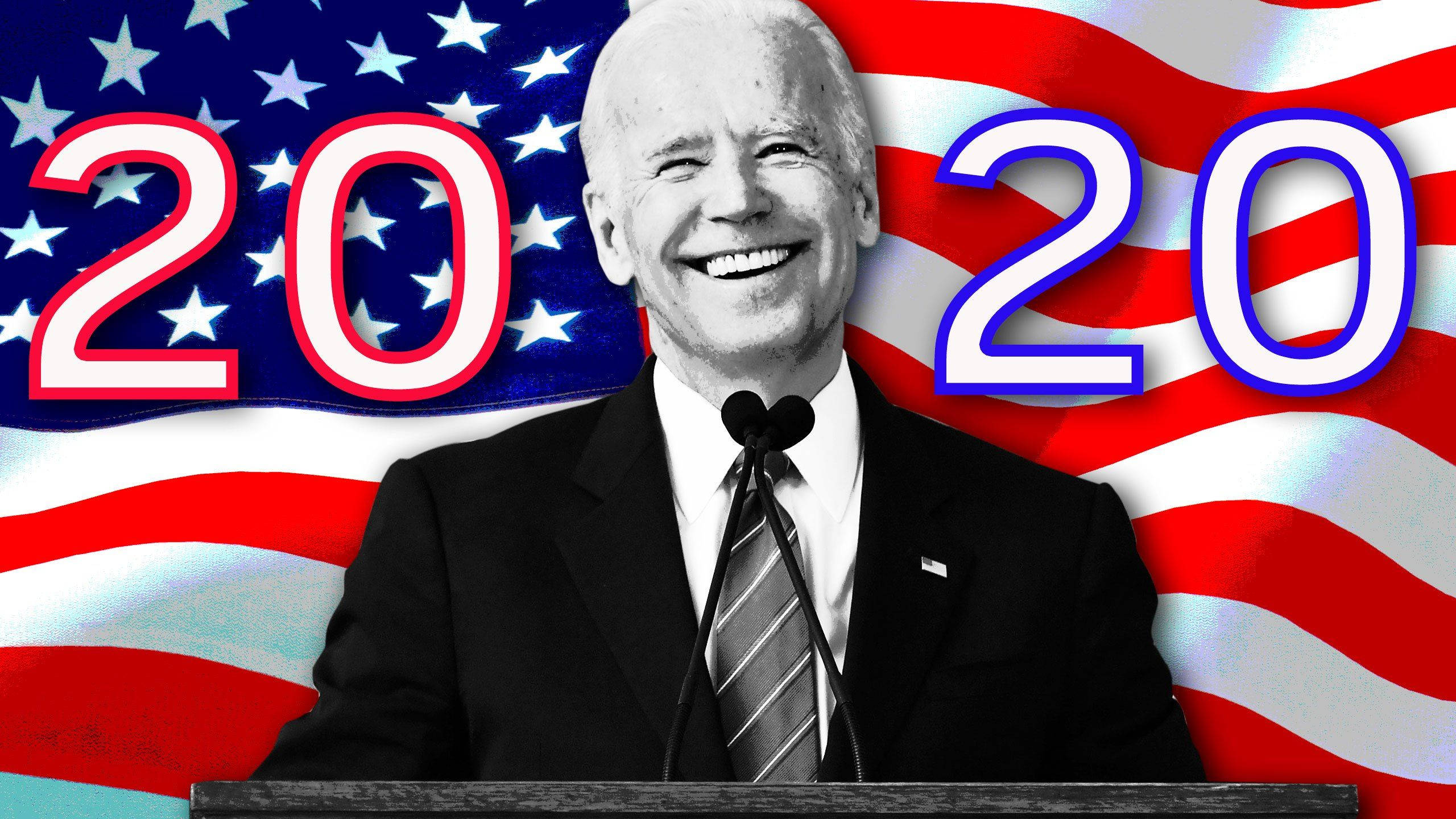 Biden 桌布 壁紙 — 微笑的喬·拜登站在講台上，背景是風格化的美國國旗，帶有大型「2020」數字。