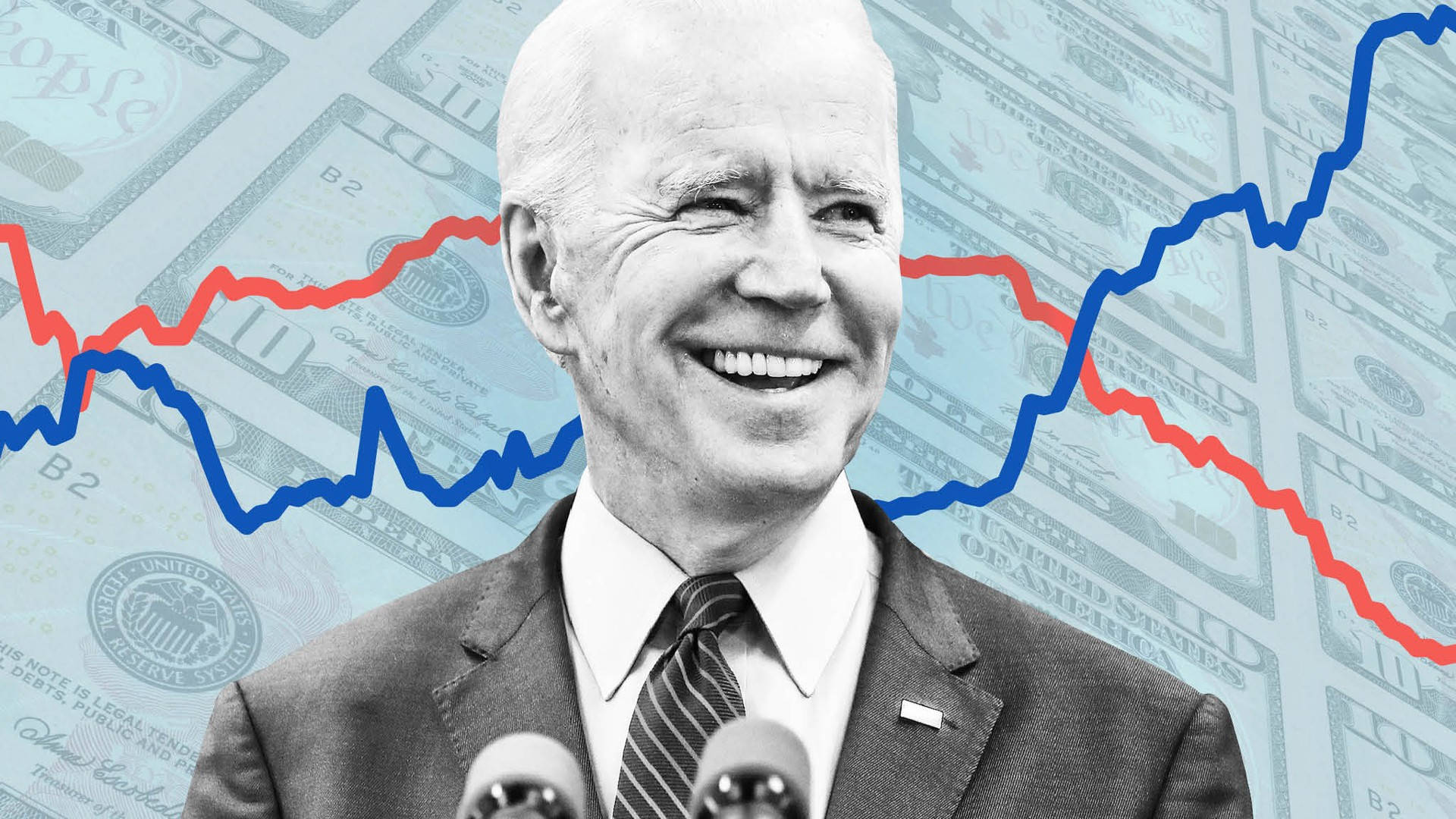 Biden 桌布 壁紙 — 微笑的喬·拜登站在麥克風前，背景是美元鈔票，上面覆蓋著紅色和藍色的金融圖表。