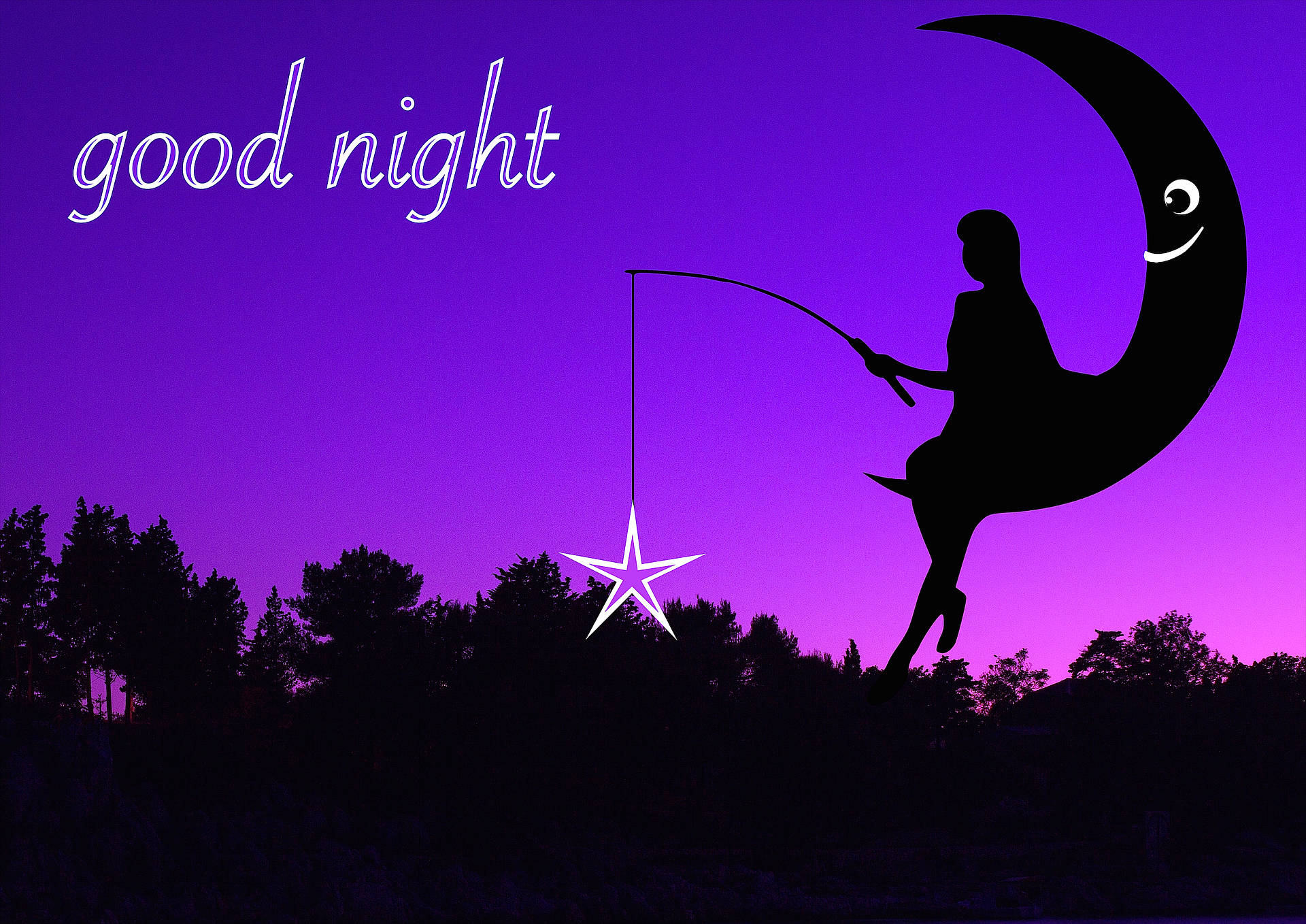 Good Night 桌布 壁紙 — 微笑的彎月剪影拿著釣竿，在充滿活力的紫色夜空中釣起一顆閃亮的星星。
