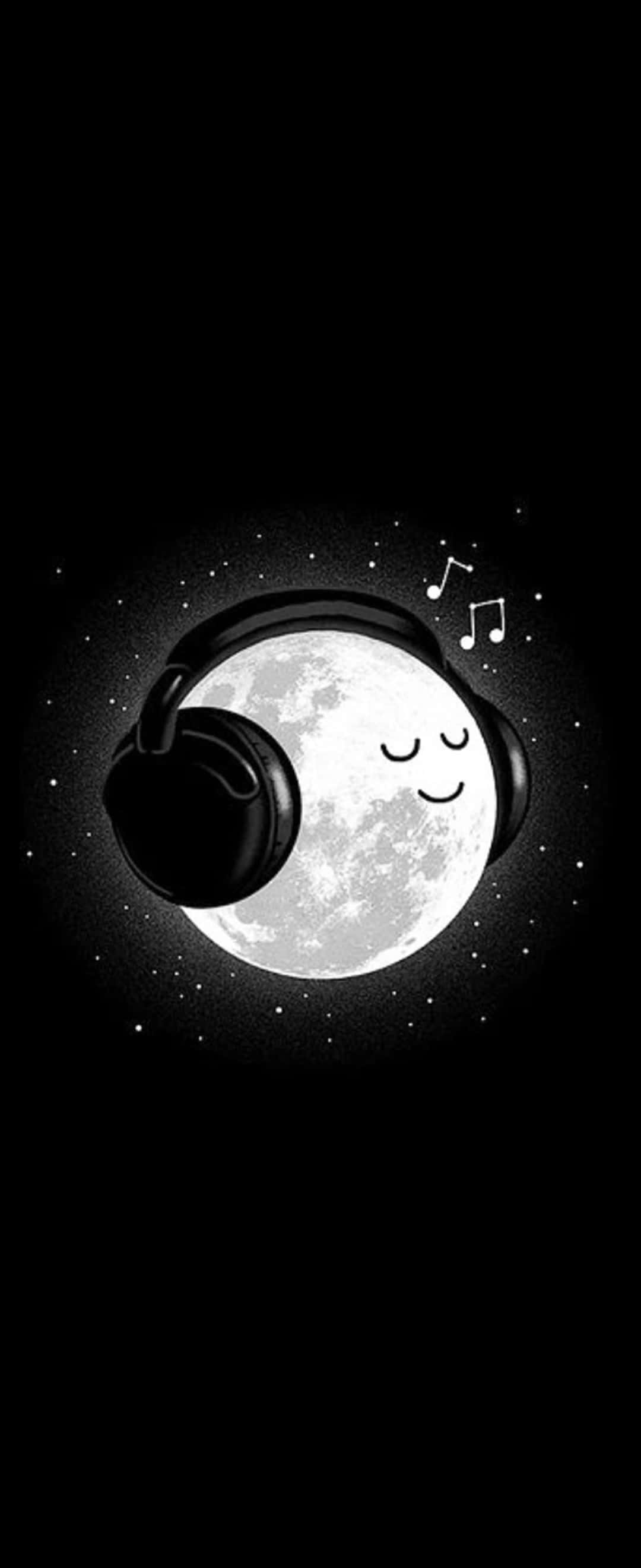 1080x2640 桌布 壁紙 — 微笑的月亮戴著耳機，音符在繁星點點的夜空中飄浮。