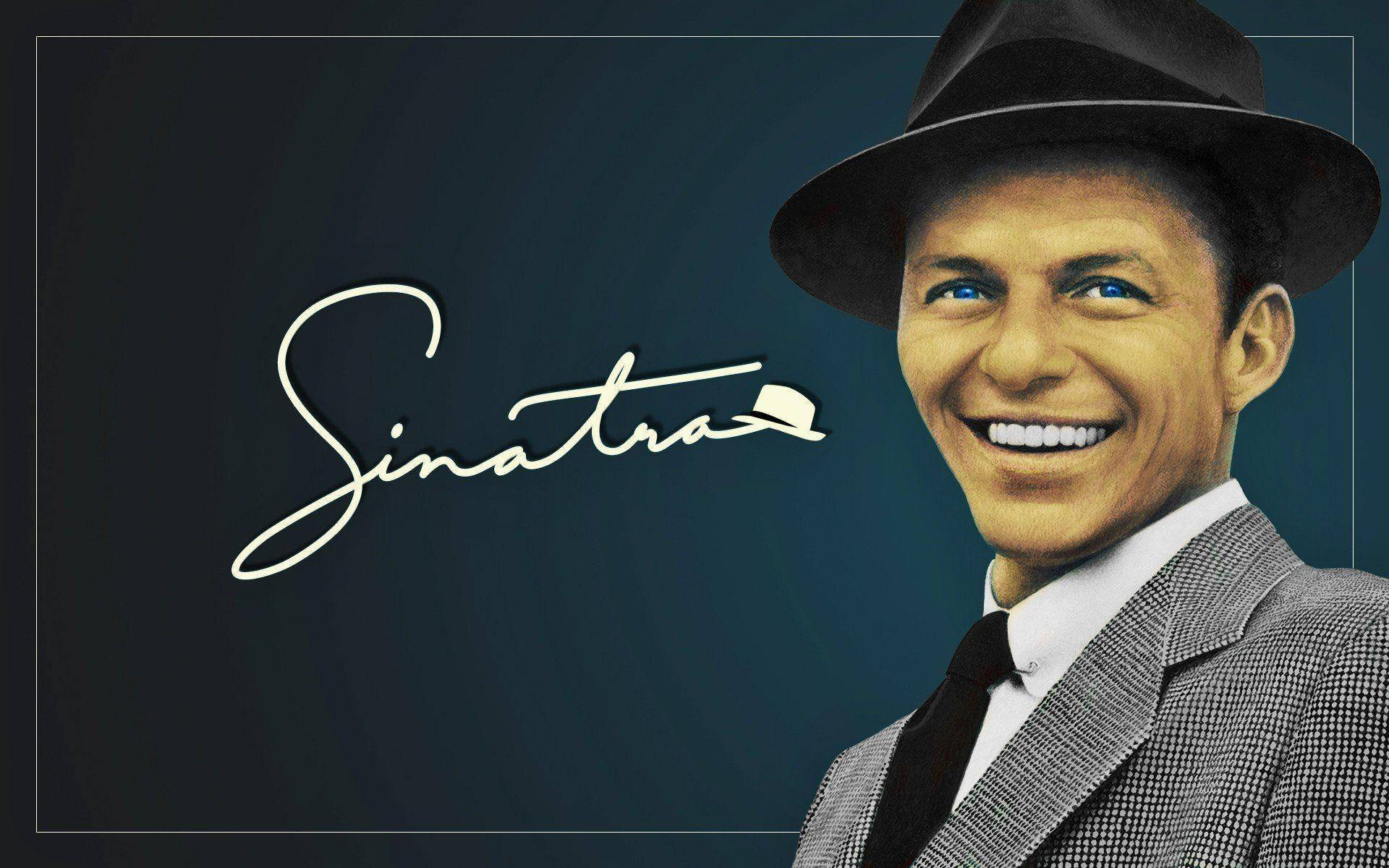 Sinatra 桌布 壁紙 — 微笑的法蘭克·辛納屈戴著軟呢帽、穿著西裝，在深藍色背景上帶有他的手寫簽名。