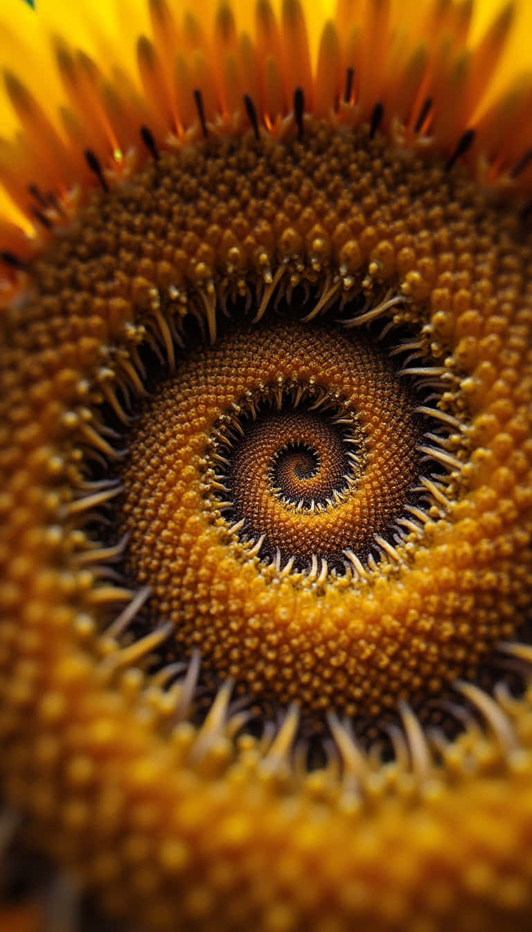 Flower 壁紙 — 微距鏡頭揭示了向日葵種子頭的催眠螺旋圖案，帶有鮮黃色的花瓣和深色中心。