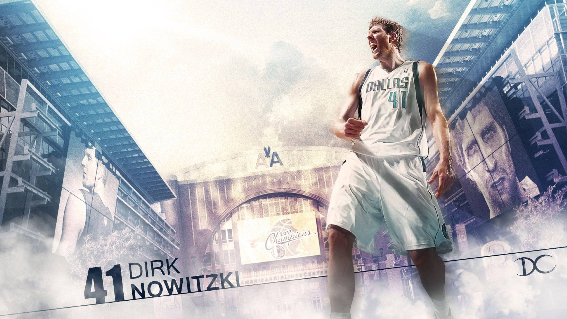 Dirk Nowitzki 桌布 壁紙 — 德克·諾維茨基身穿達拉斯獨行俠球衣，在球場煙霧和冠軍旗幟中勝利咆哮。