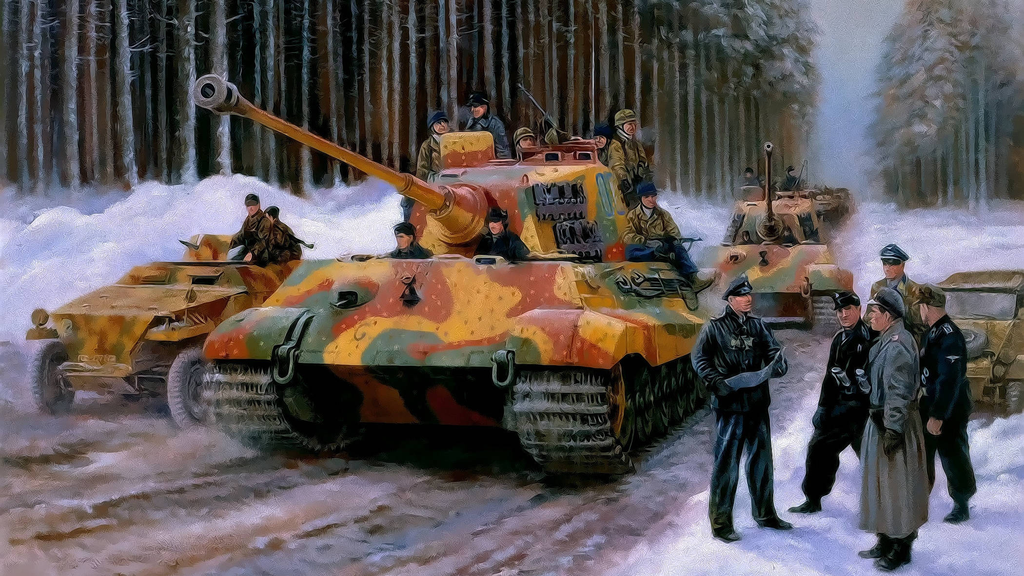 Tanks 桌布 壁紙 — 德國士兵和坦克在冬季迷彩下，於陰天中穿越積雪的森林道路。