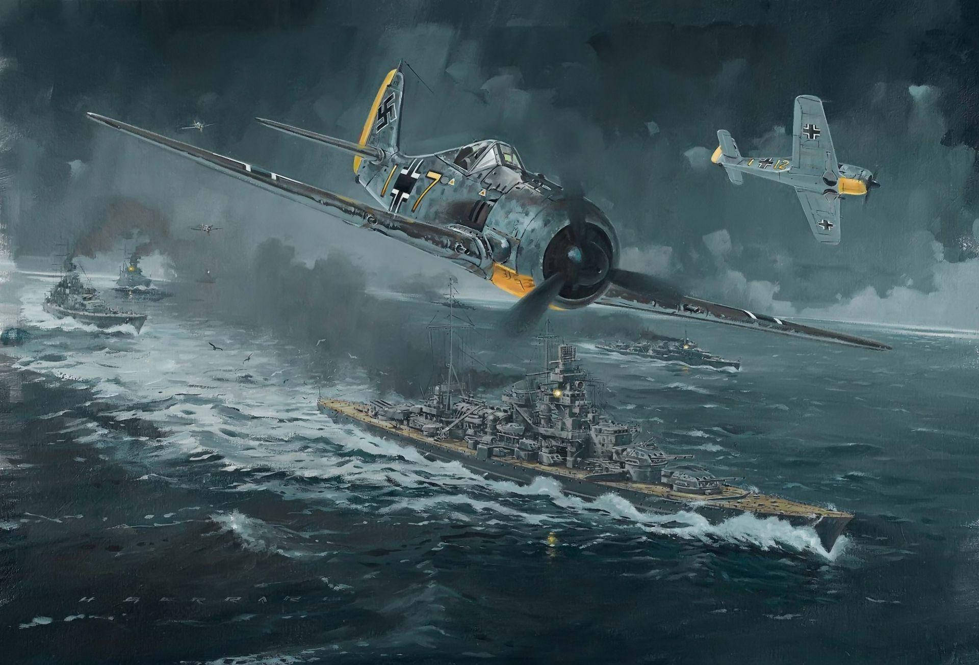 海洋 桌布 壁紙 — 德國戰鬥機在波濤洶湧的海面上翱翔，戰艦在烏雲和巨浪中交戰。