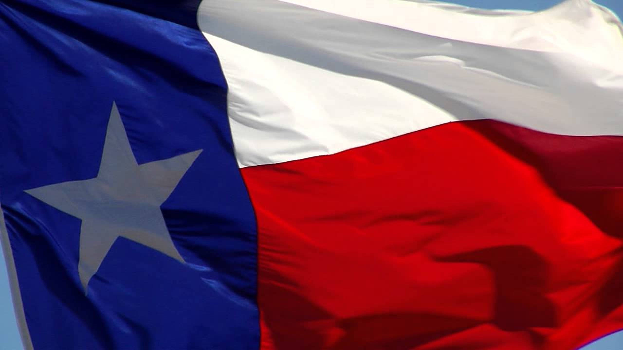 Texas Flag 桌布 壁紙 — 德州州旗，帶有鮮明的藍、白、紅條紋和一顆大白星，在清澈的藍天下動態飄揚。
