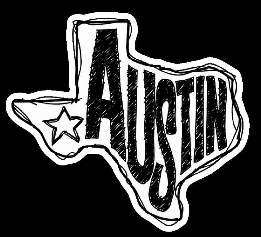 USA 桌布 壁紙 — 德州形狀像靴子的大膽黑白素描，上面寫著 'AUSTIN'，鞋跟處有一顆星。