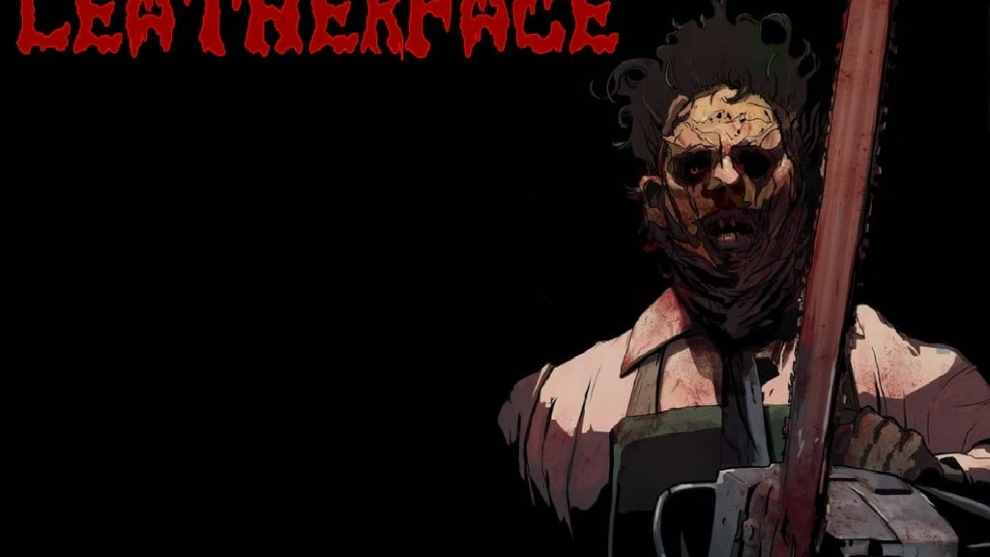 Leatherface 桌布 壁紙 — 《德州電鋸殺人狂》中令人畏懼的皮臉，手持血跡斑斑的電鋸，背景為黑色，帶有紅色標題文字。
