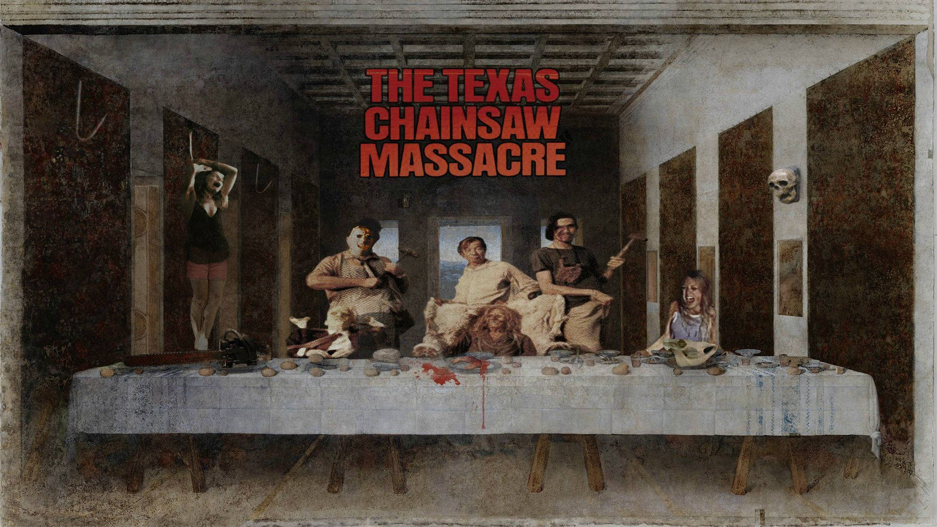 Texas Chainsaw Massacre 桌布 壁紙 — 《德州電鋸殺人狂》角色坐在骯髒房間的血跡斑斑桌子旁，對《最後的晚餐》的恐怖惡搞。