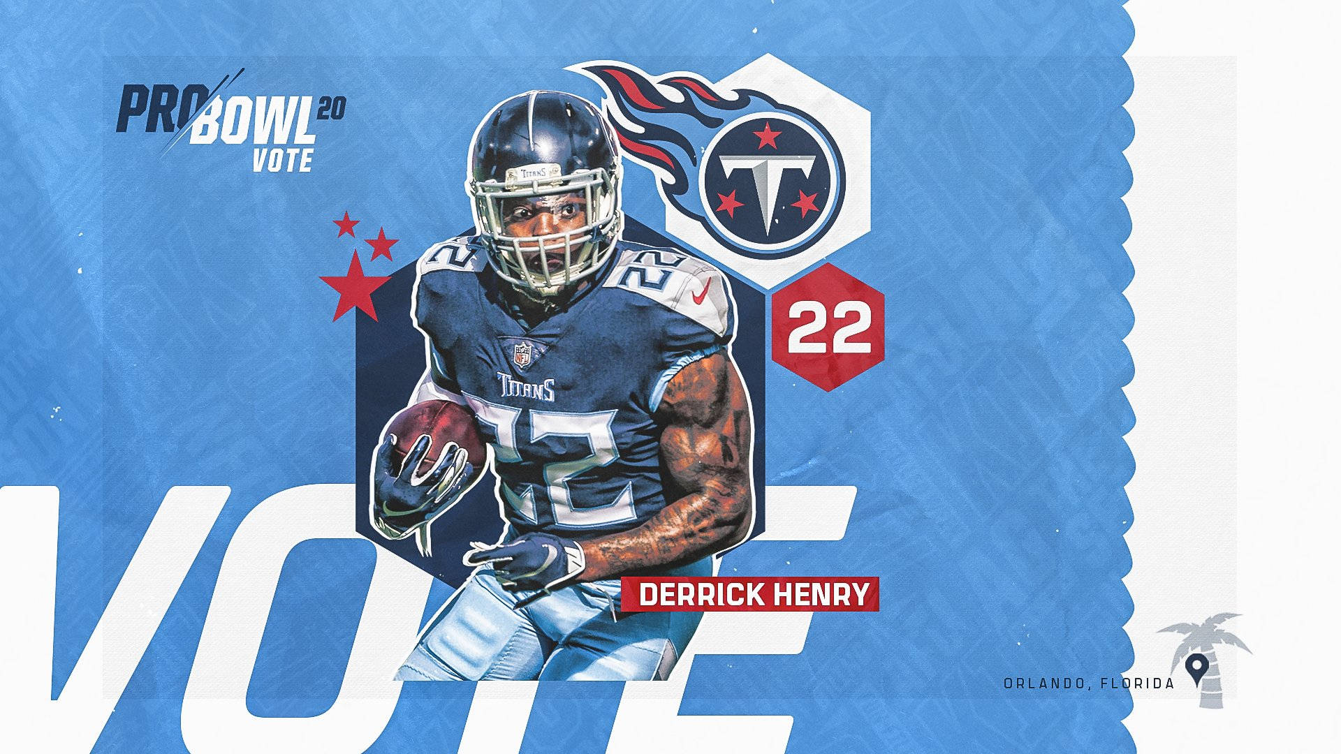 Derrick 桌布 壁紙 — 德里克·亨利穿著泰坦隊服，在藍色紋理背景和Pro Bowl Vote圖形中持球奔跑。