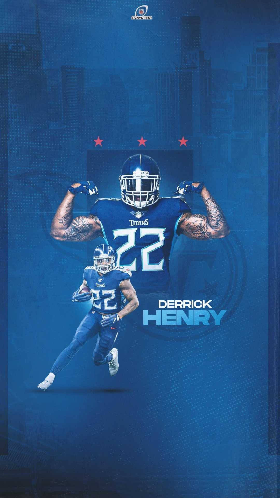 Derrick 桌布 壁紙 — 德里克·亨利身穿泰坦隊服，在藍色城市景觀背景前強力展示肌肉，背景有星星和他的名字。
