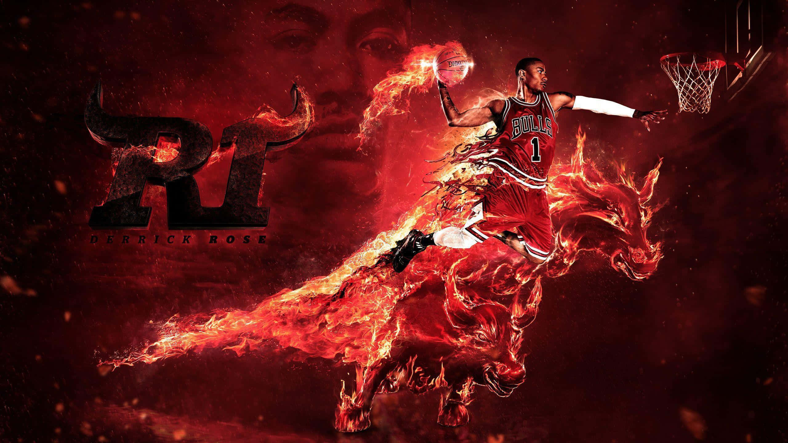 derrick rose 桌布 壁紙 — 德里克羅斯身穿紅色公牛隊球衣，跳上一頭火焰公牛，在深紅色背景上灌籃，他的臉在背後隱現。
