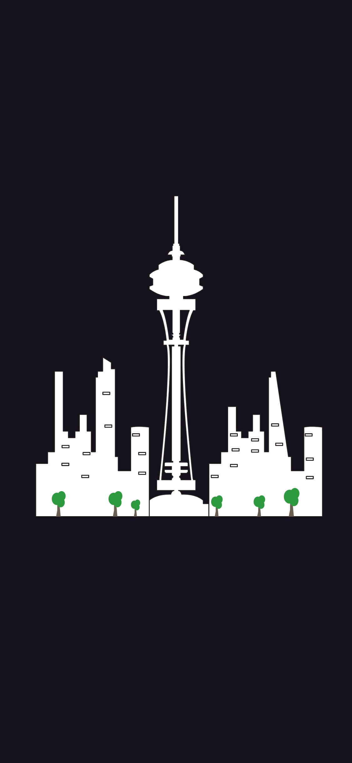 iPhone X Seattle 桌布 壁紙 — 德黑蘭米拉德塔和城市天際線的極簡白色剪影，深海軍藍背景上點綴著小綠樹。