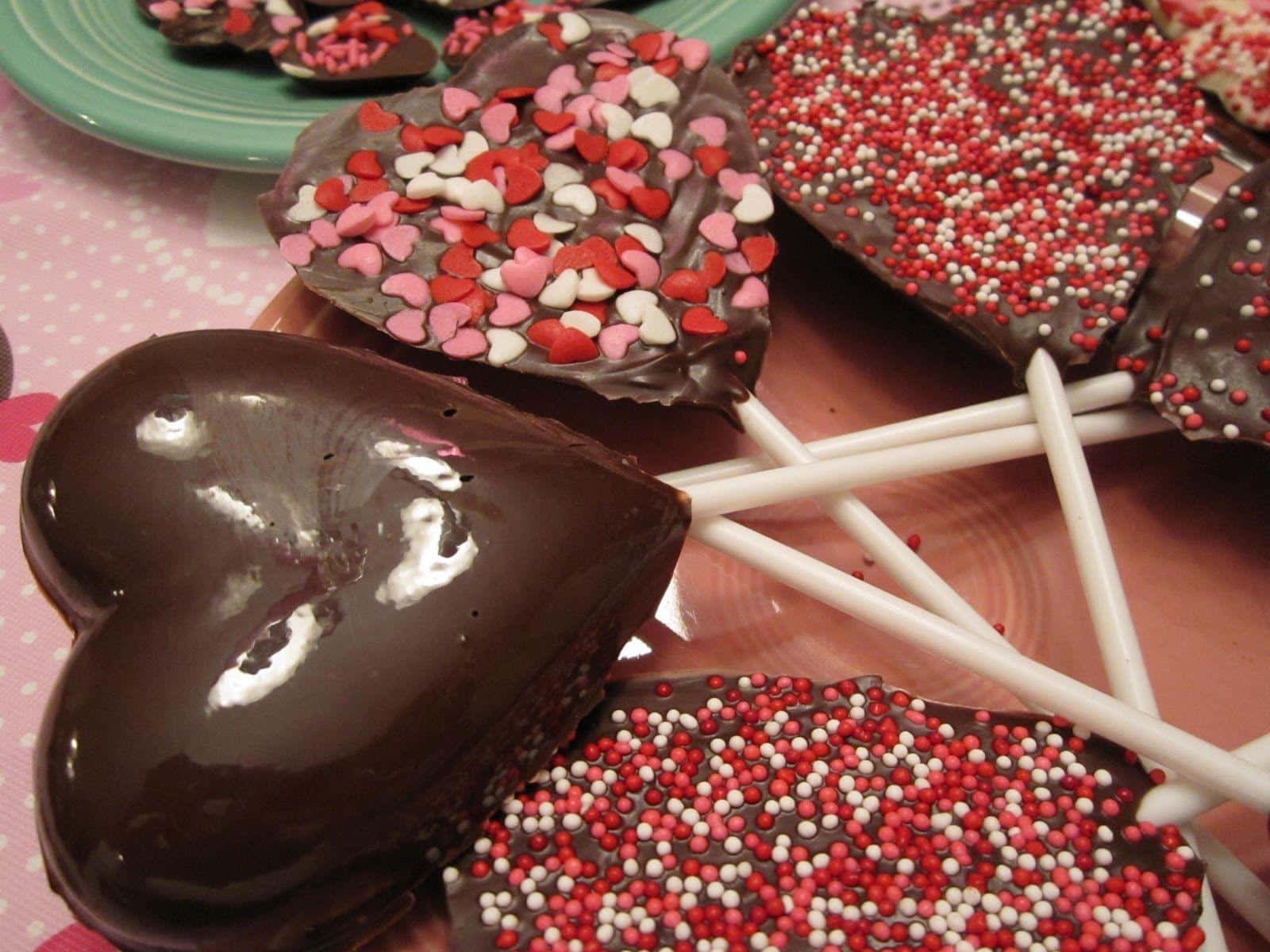 Chocolate 桌布 壁紙 — 心形巧克力棒棒糖飾有紅色、粉紅色和白色糖粒，放在粉紅色圓點表面上。