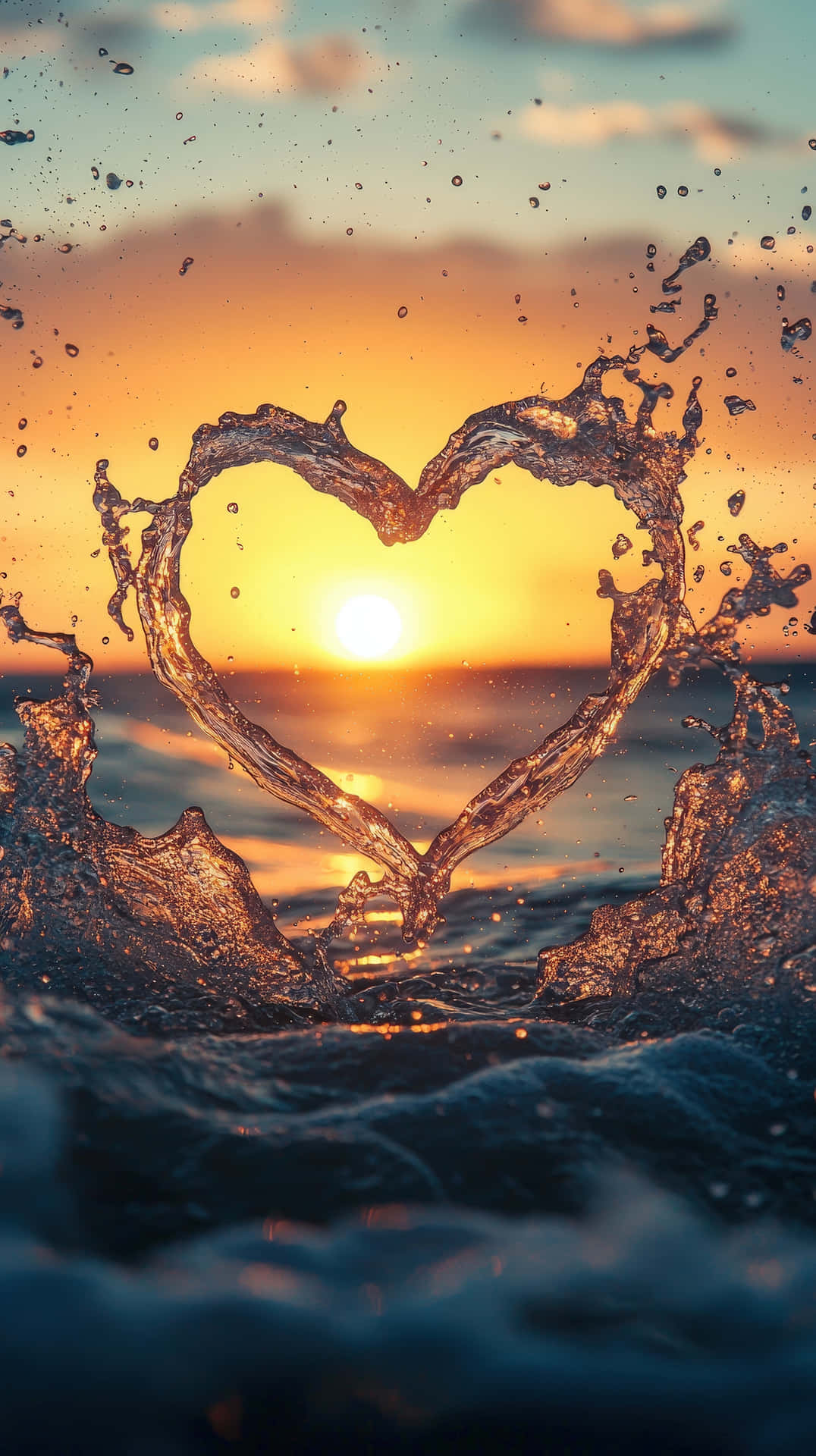Captivating Ocean Waves Forming a Heart Shape at Sunset with Golden Reflections 壁紙 — 心形海水飛濺捕捉金色日落，背景是藍天白雲。