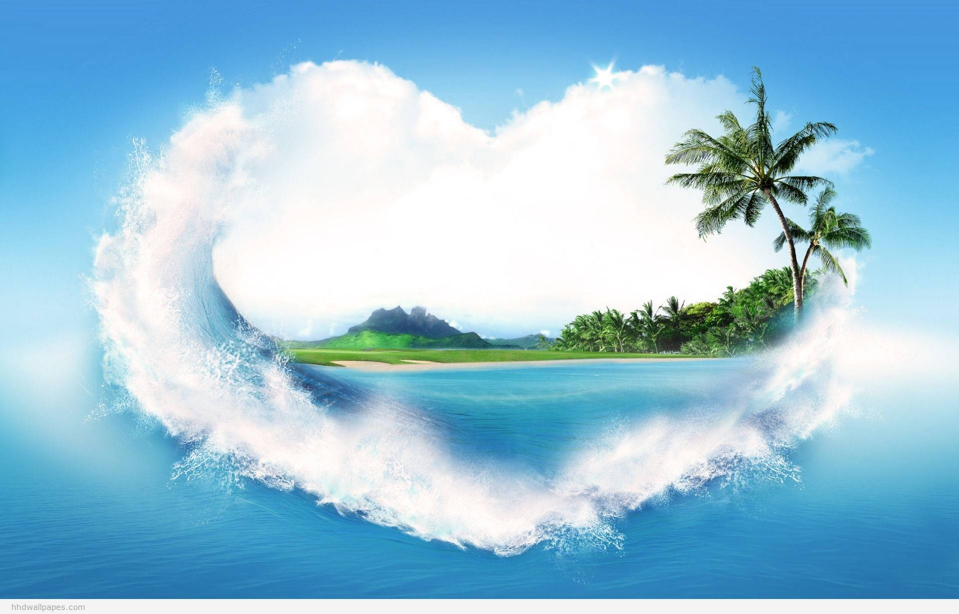 Nature Love 桌布 壁紙 — 心形海浪環繞著一個熱帶島嶼，島上有棕櫚樹和山脈，天空湛藍明亮。