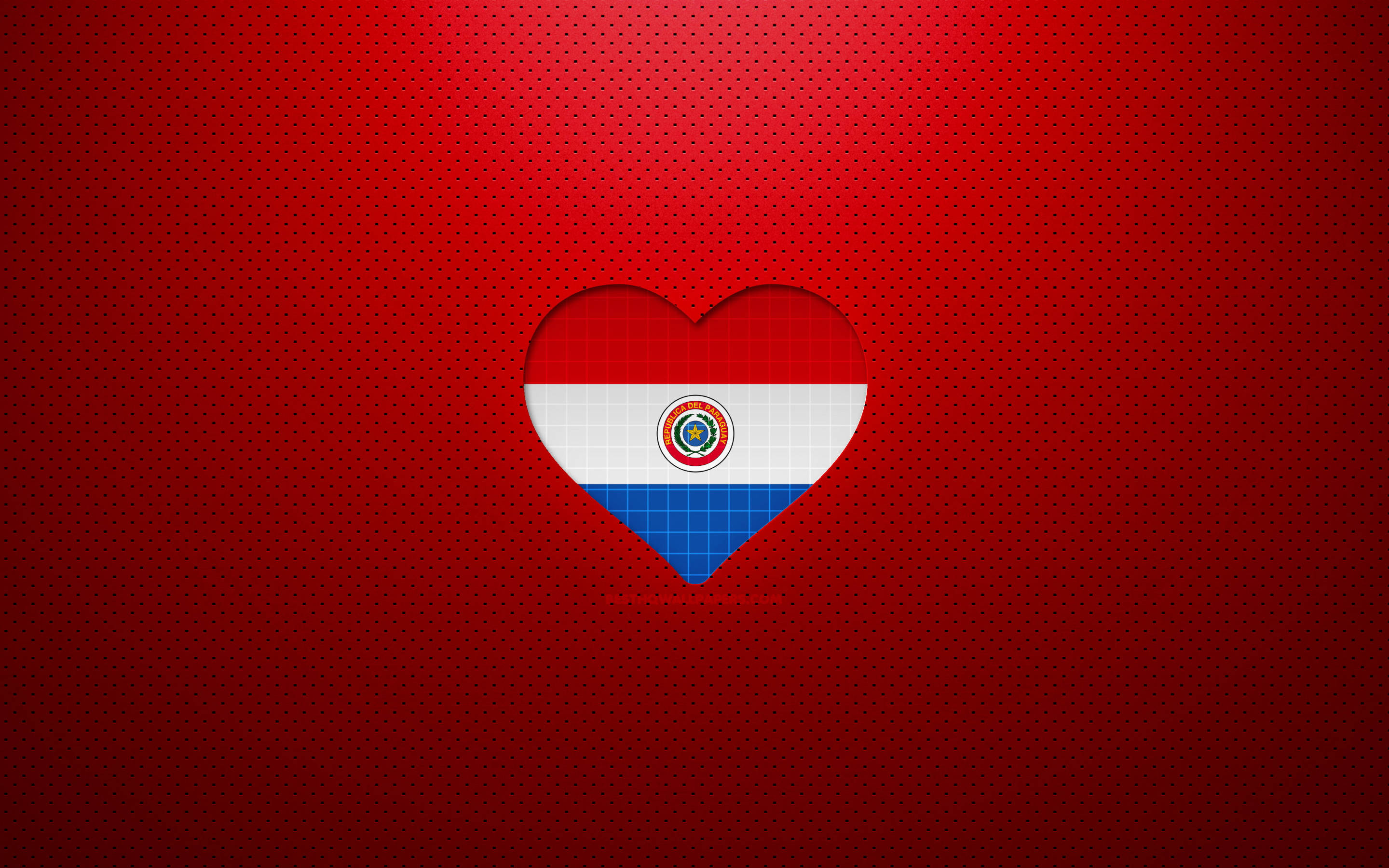 Paraguay 桌布 壁紙 — 心形鏤空設計，中央展示巴拉圭國旗，置於有紋理的紅色背景上。
