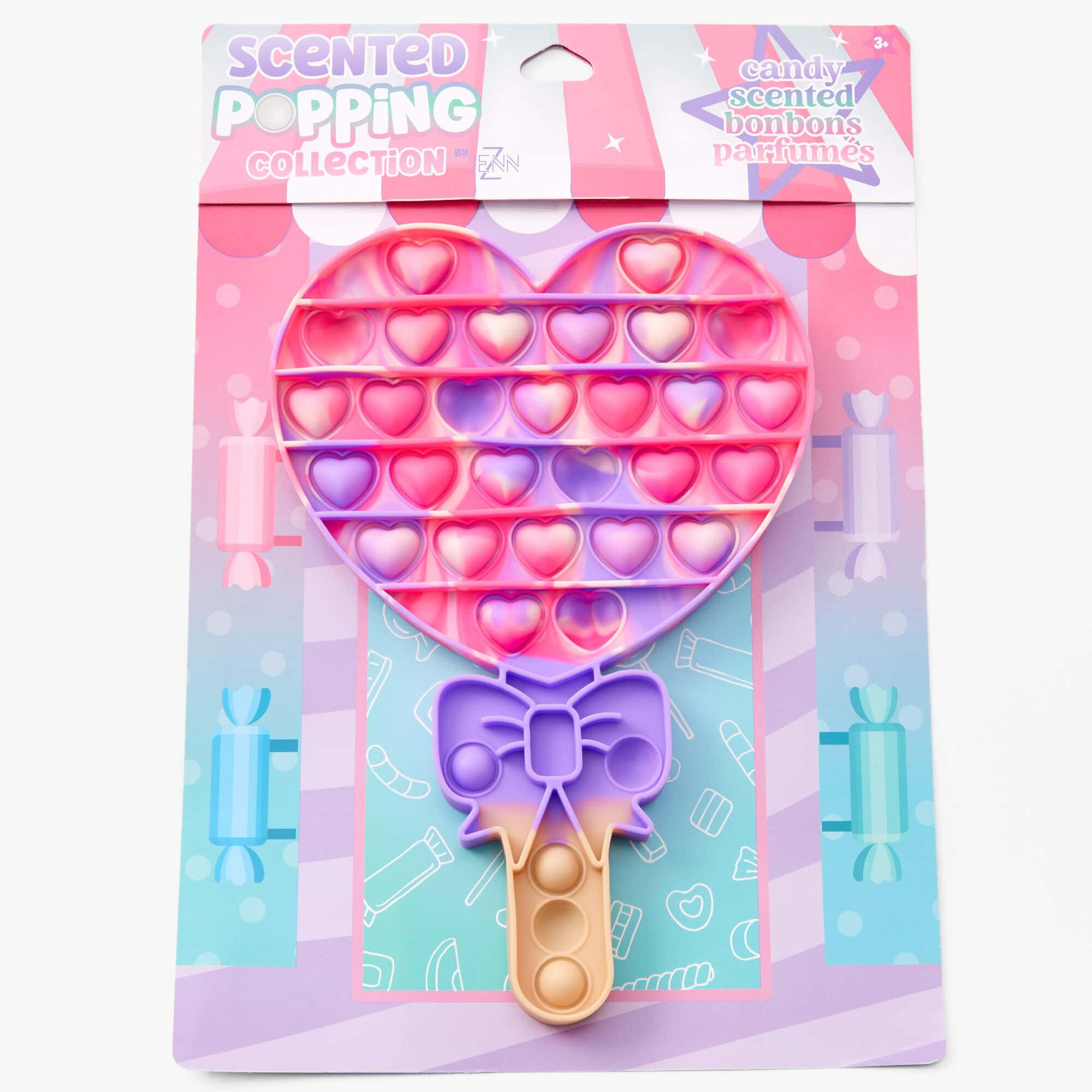 Popit 桌布 壁紙 — 心形香味按壓玩具，帶有漸層粉紅紫色心形和紫色蝴蝶結，包裝以糖果為主題。