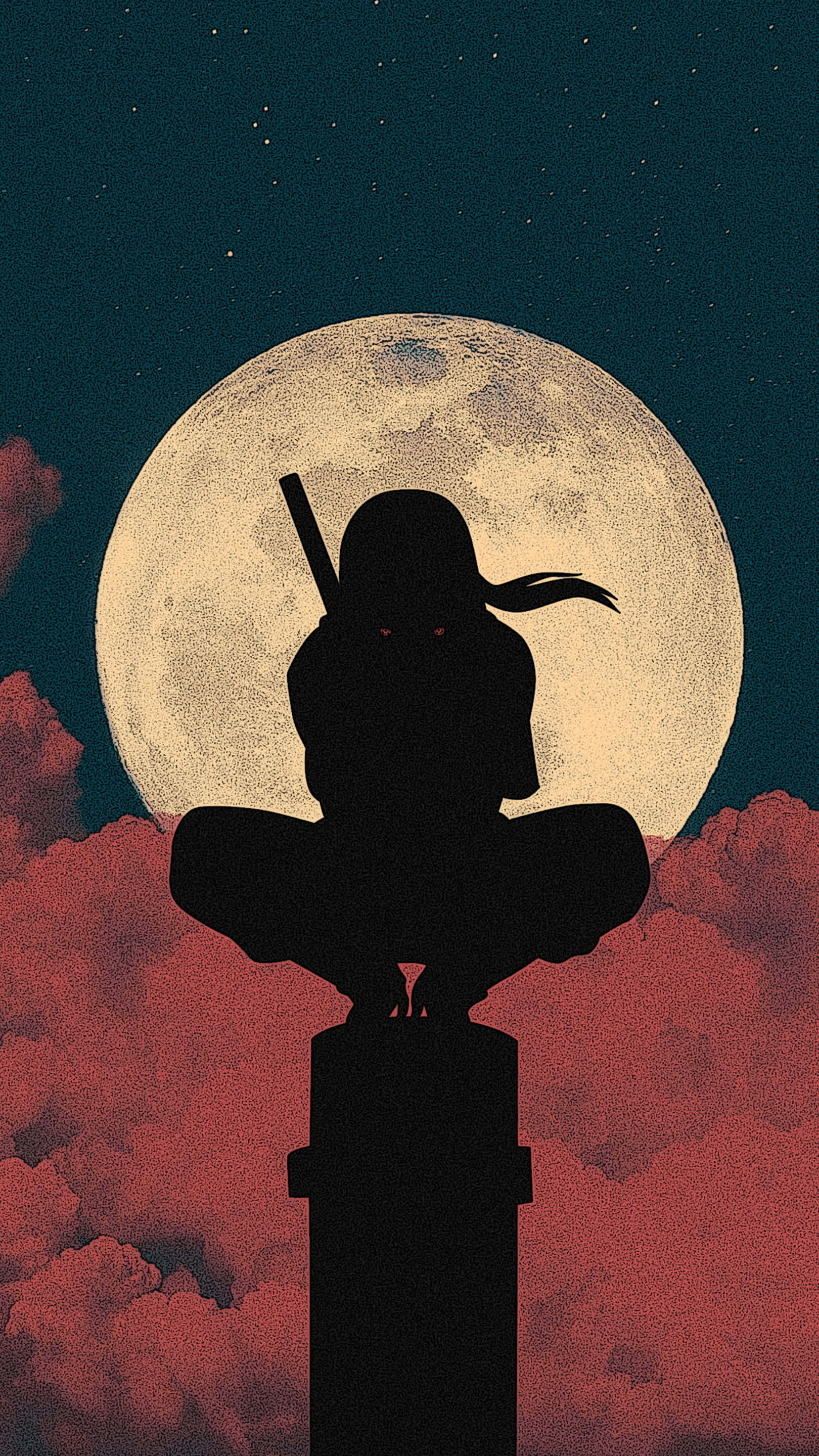 Akatsuki Poster 桌布 壁紙 — 忍者剪影，雙眼發出紅光，棲息在柱子上，背景是巨大的月亮和滿天星斗的夜空。